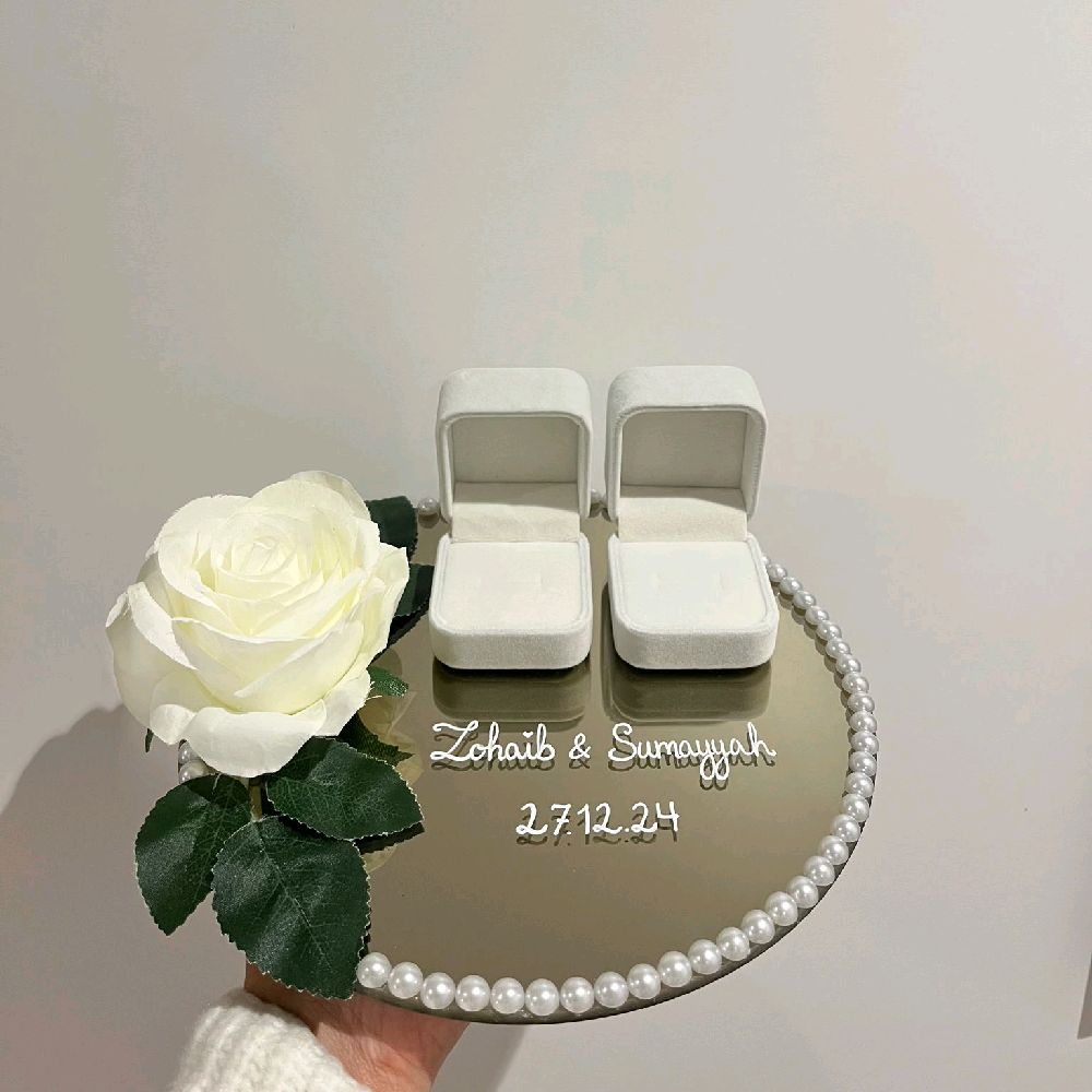 White Rose Custom Ring Plate - Personalized Wedding or Engagement Ring Tray for Bride and Groom