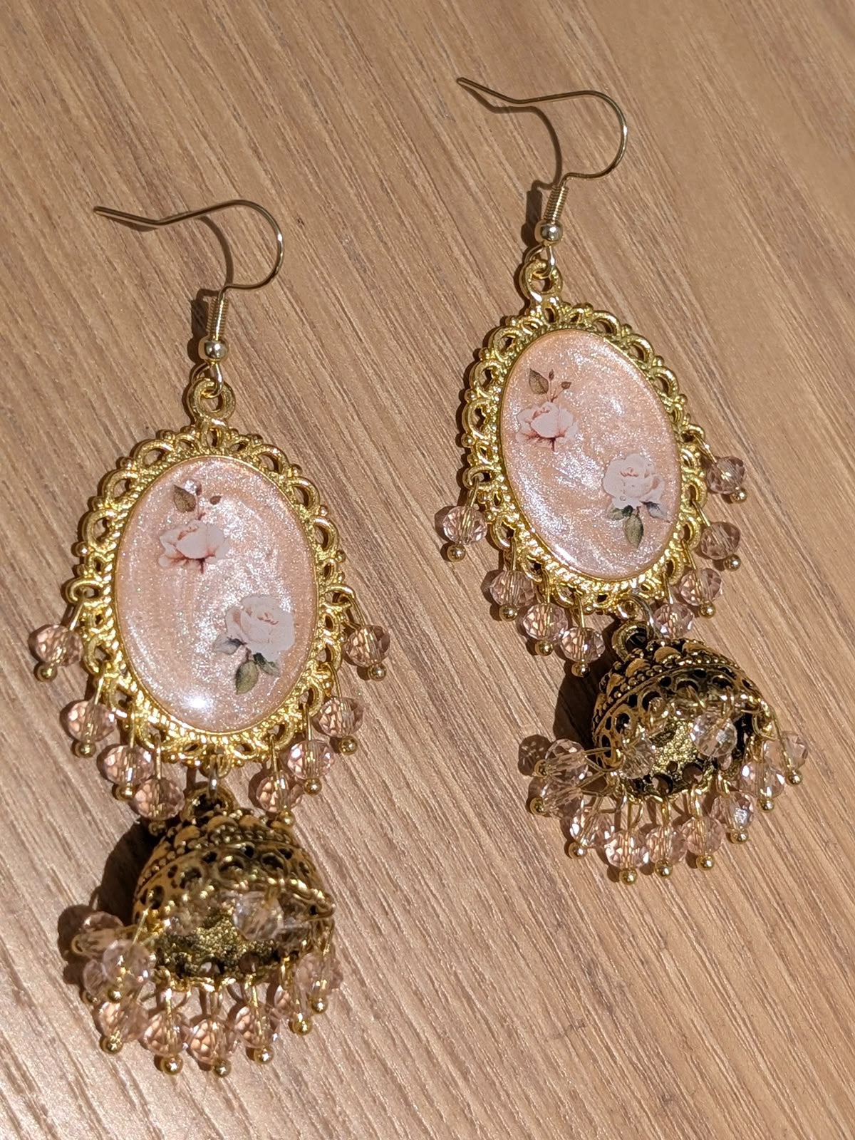 Nude Pink Shimmery Jhumkay in Gold
