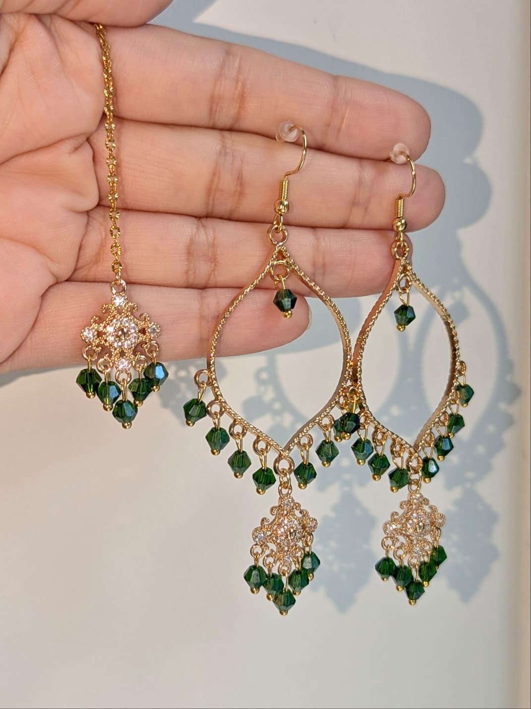 Emerald Green Dainty Drop Tikka Earrings Set
