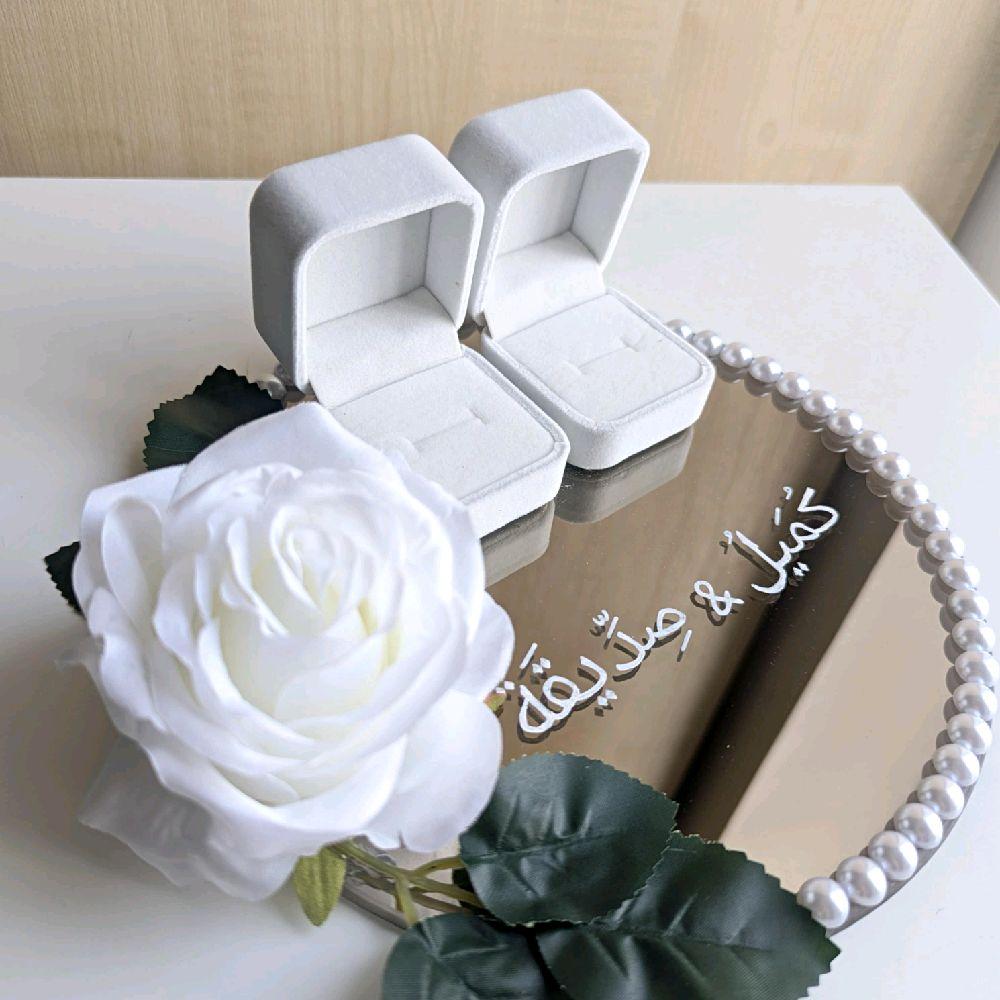 White Rose Custom Ring Plate - Personalized Wedding or Engagement Ring Tray for Bride and Groom