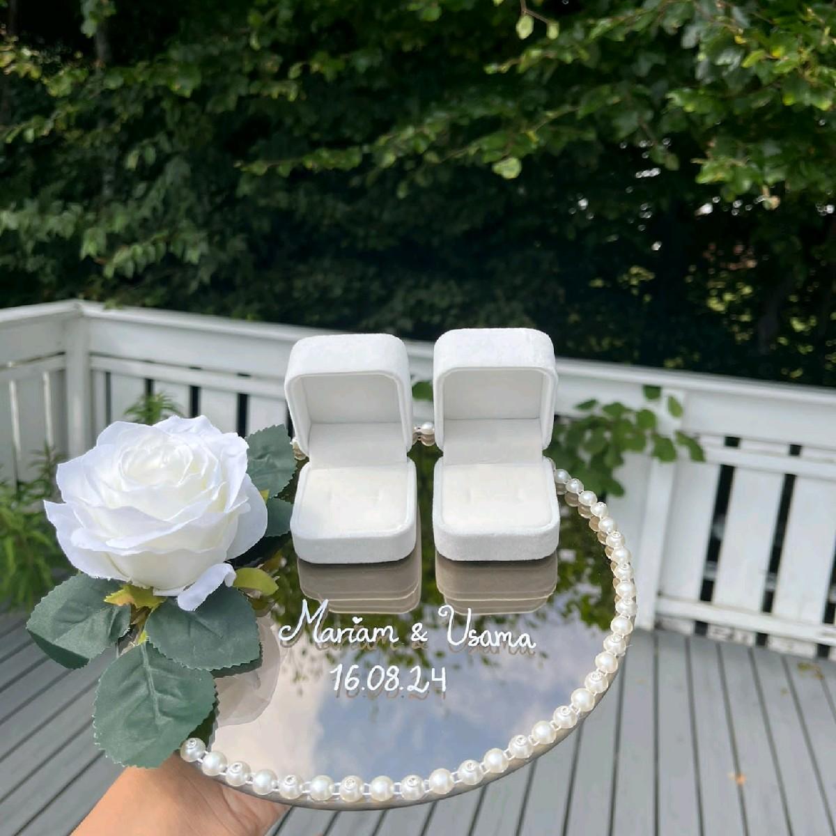 White Rose Custom Ring Plate - Personalized Wedding or Engagement Ring Tray for Bride and Groom