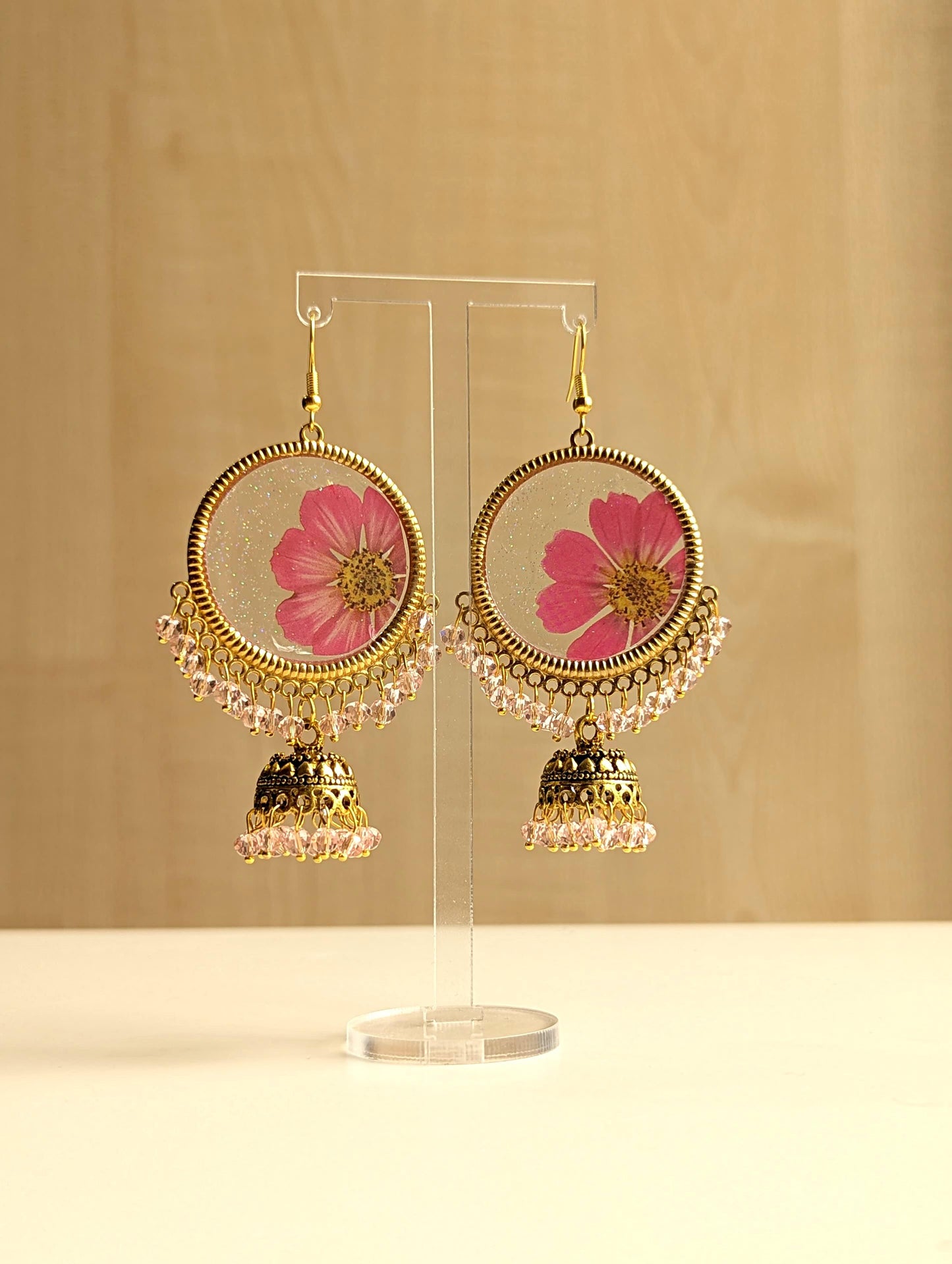 Pink Flower Frozen in Time jhumka Earrings