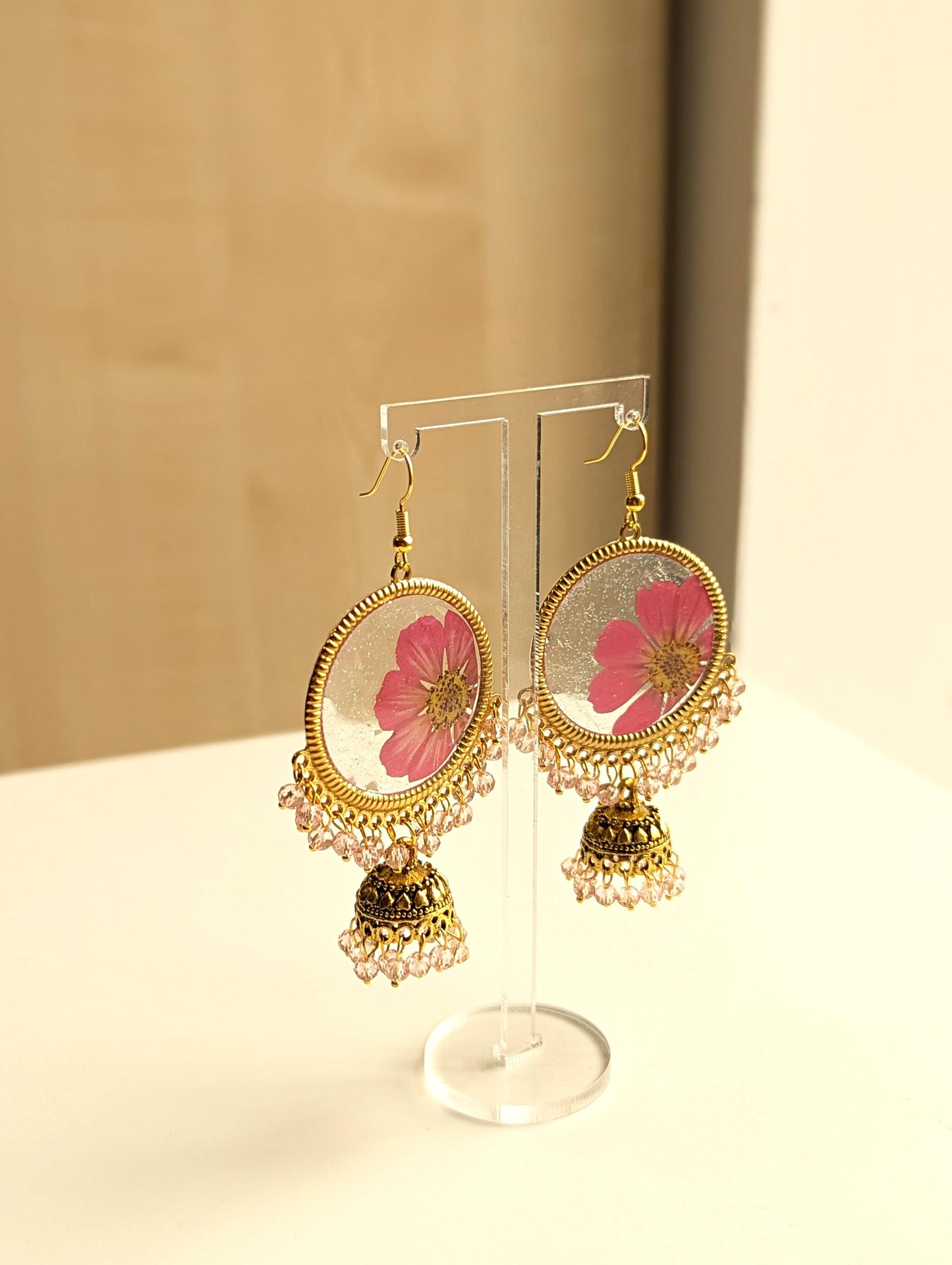 Pink Flower Frozen in Time jhumka Earrings