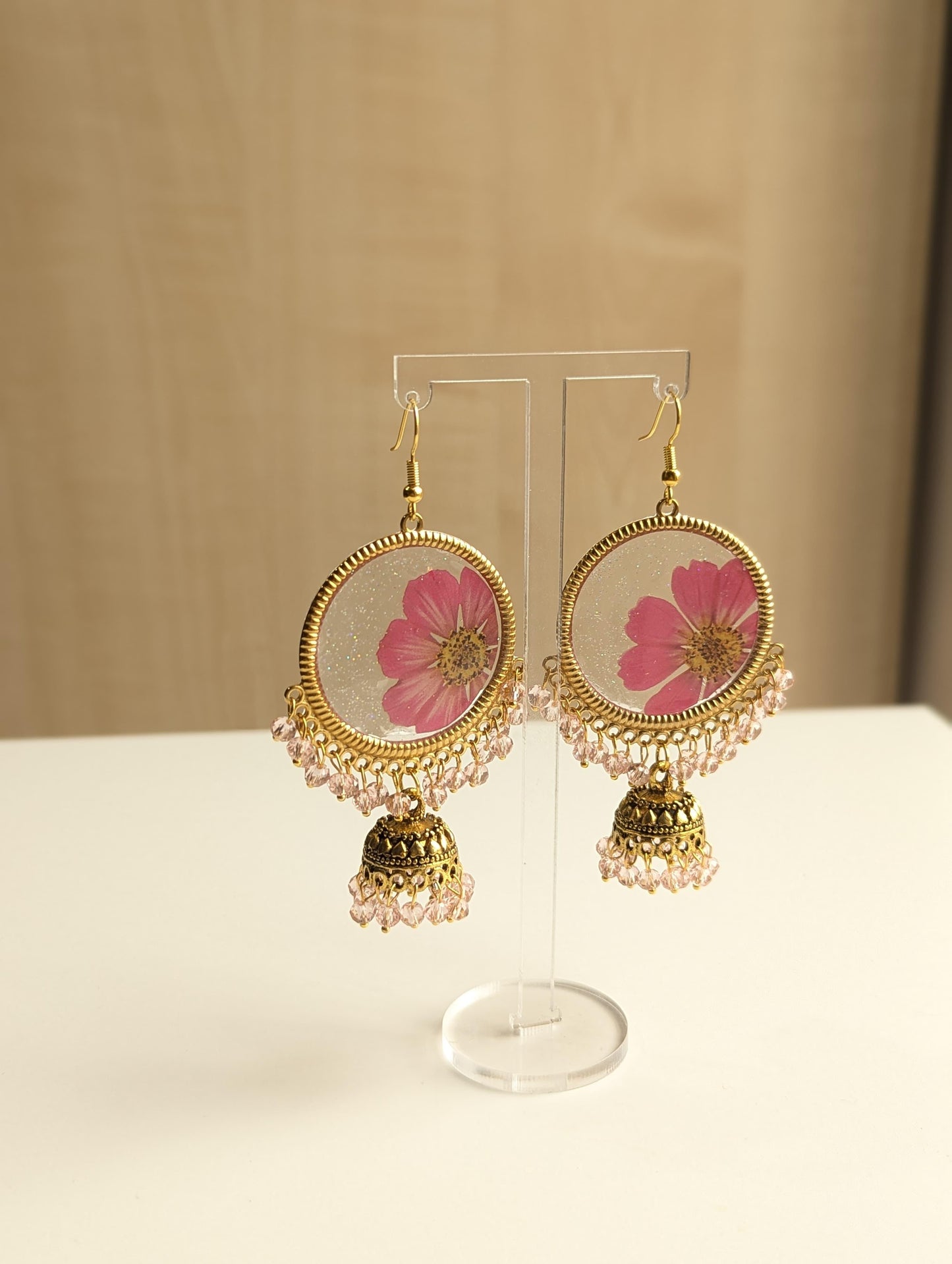 Pink Flower Frozen in Time jhumka Earrings