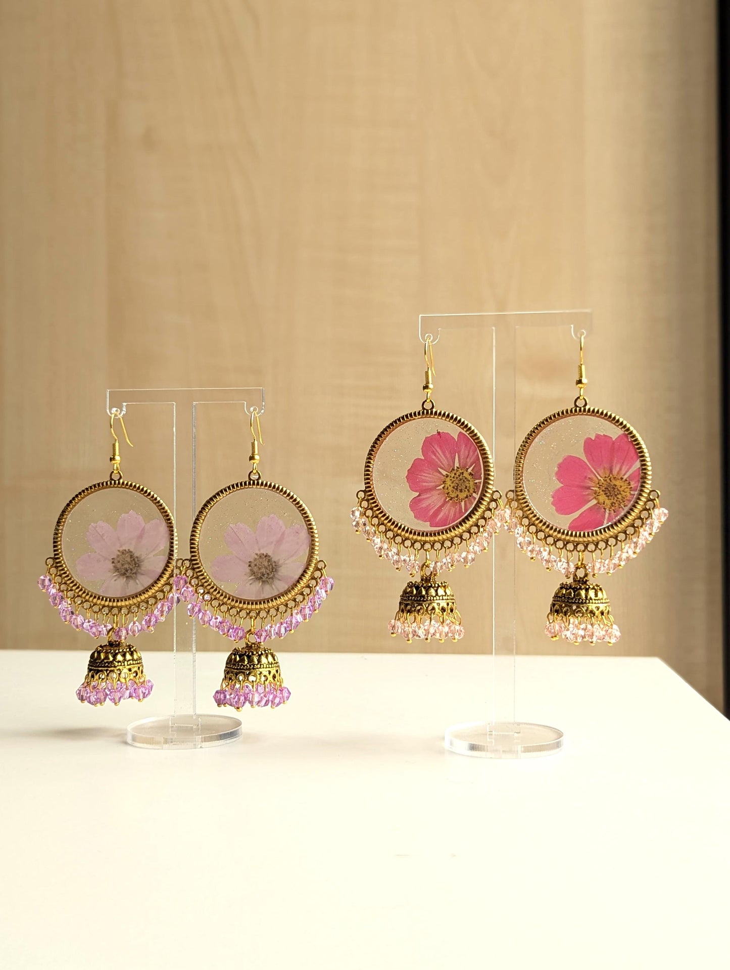 Pink Flower Frozen in Time jhumka Earrings