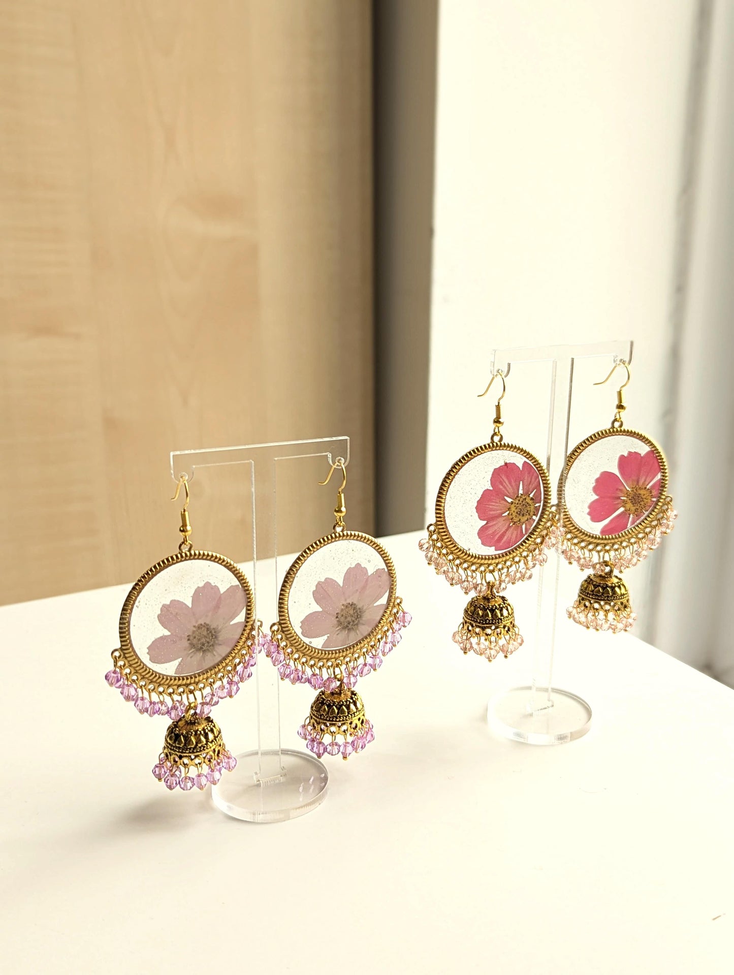 Pink Flower Frozen in Time jhumka Earrings