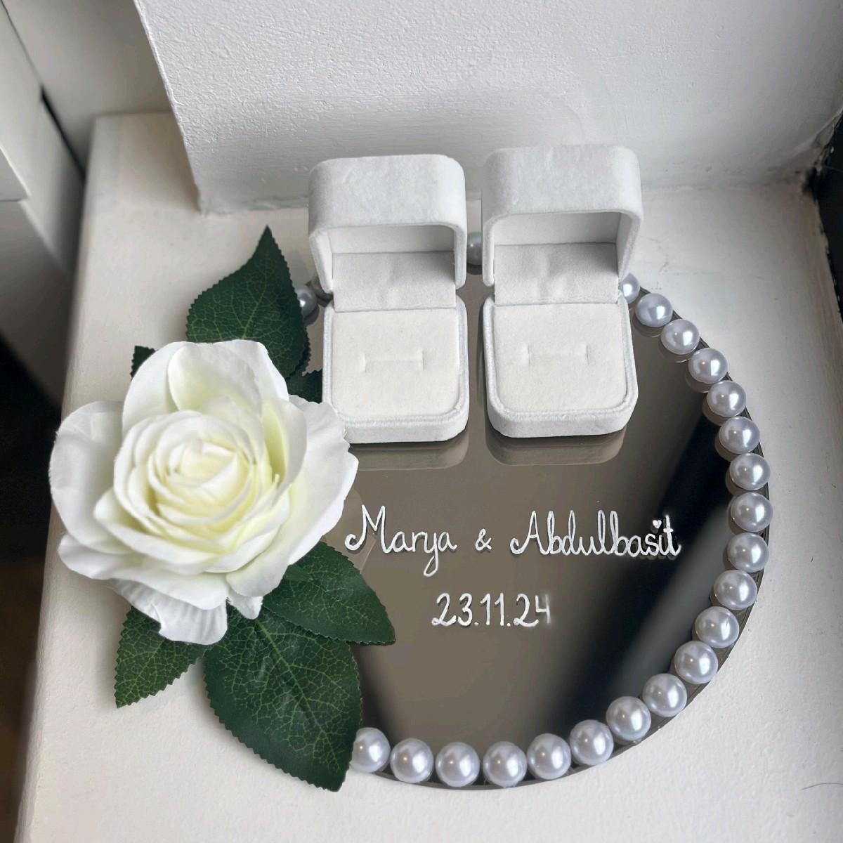 White Rose Custom Ring Plate - Personalized Wedding or Engagement Ring Tray for Bride and Groom