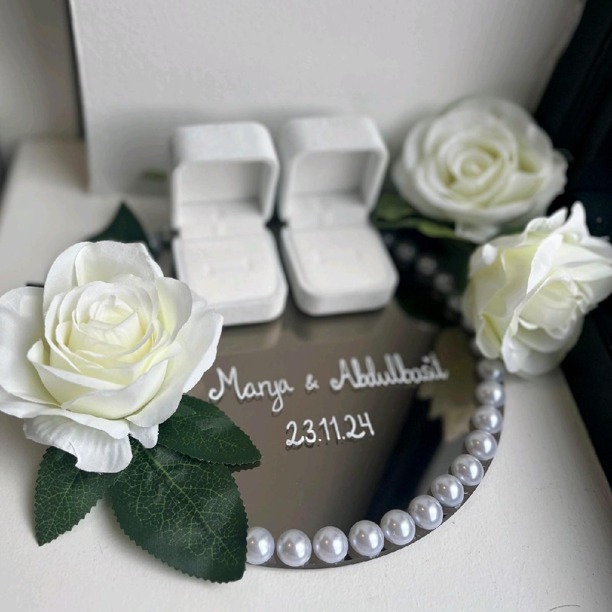 White Rose Custom Ring Plate - Personalized Wedding or Engagement Ring Tray for Bride and Groom