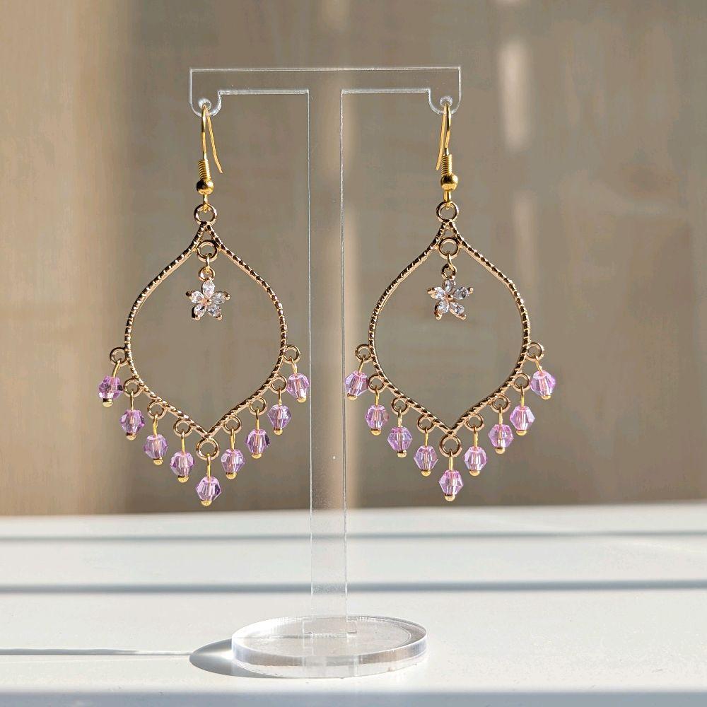 Purple Crystal Flower Earrings in Gold