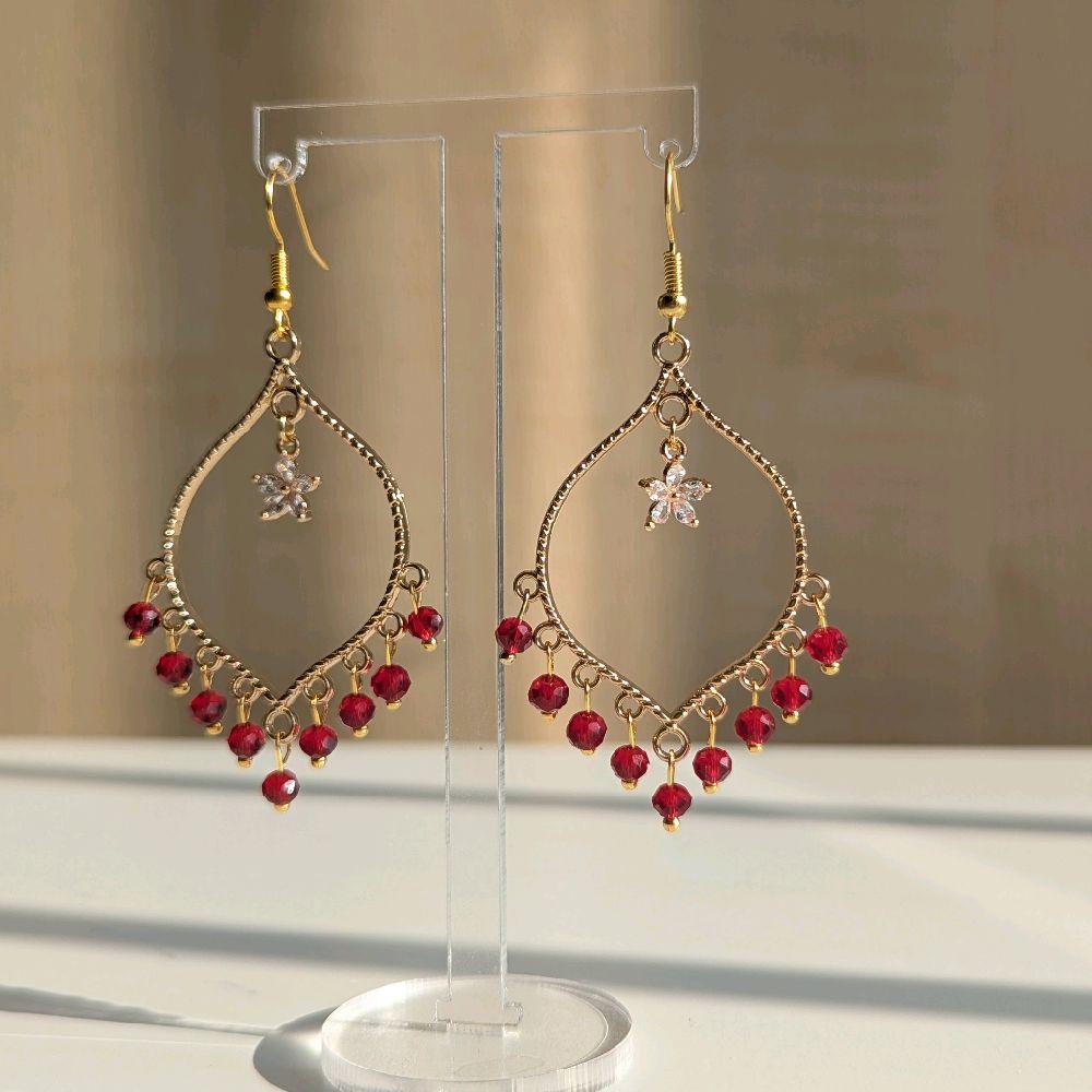 Red Crystal Flower Earrings in Gold