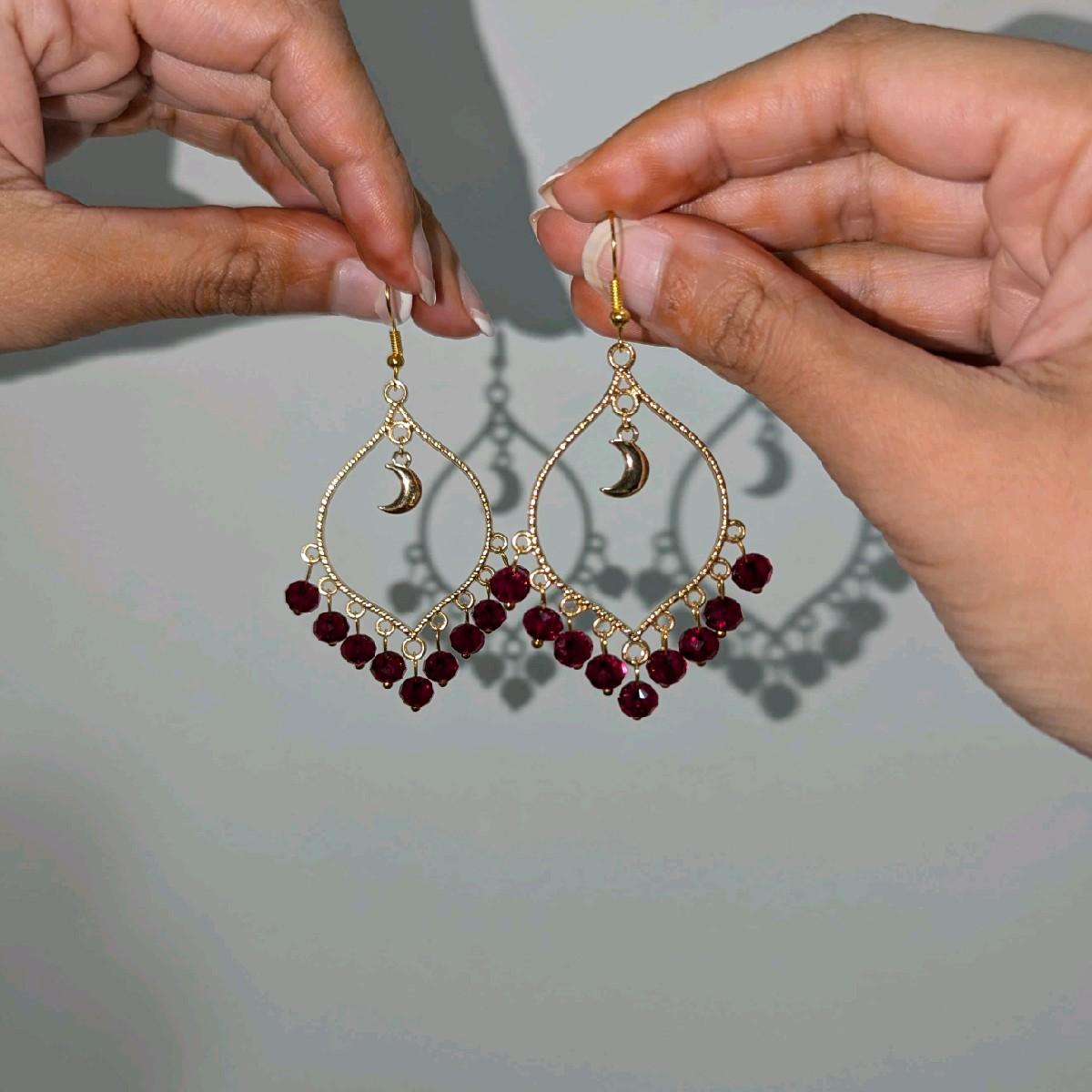 Maroon Crystal Gold Moonlight Earrings
