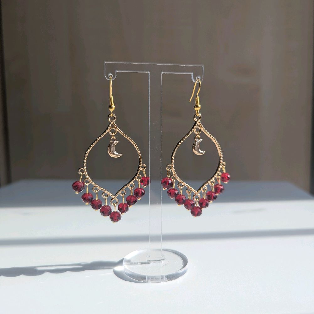 Maroon Crystal Gold Moonlight Earrings