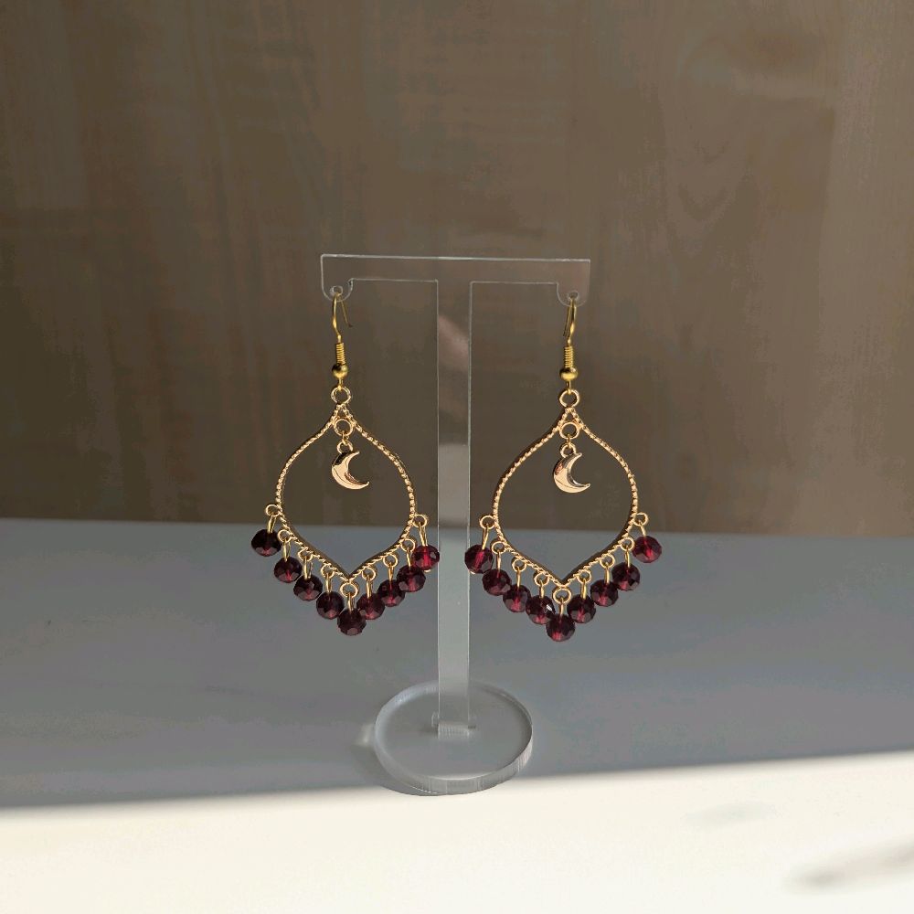 Maroon Crystal Gold Moonlight Earrings