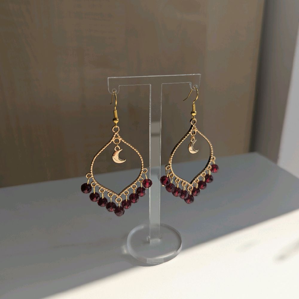 Maroon Crystal Gold Moonlight Earrings