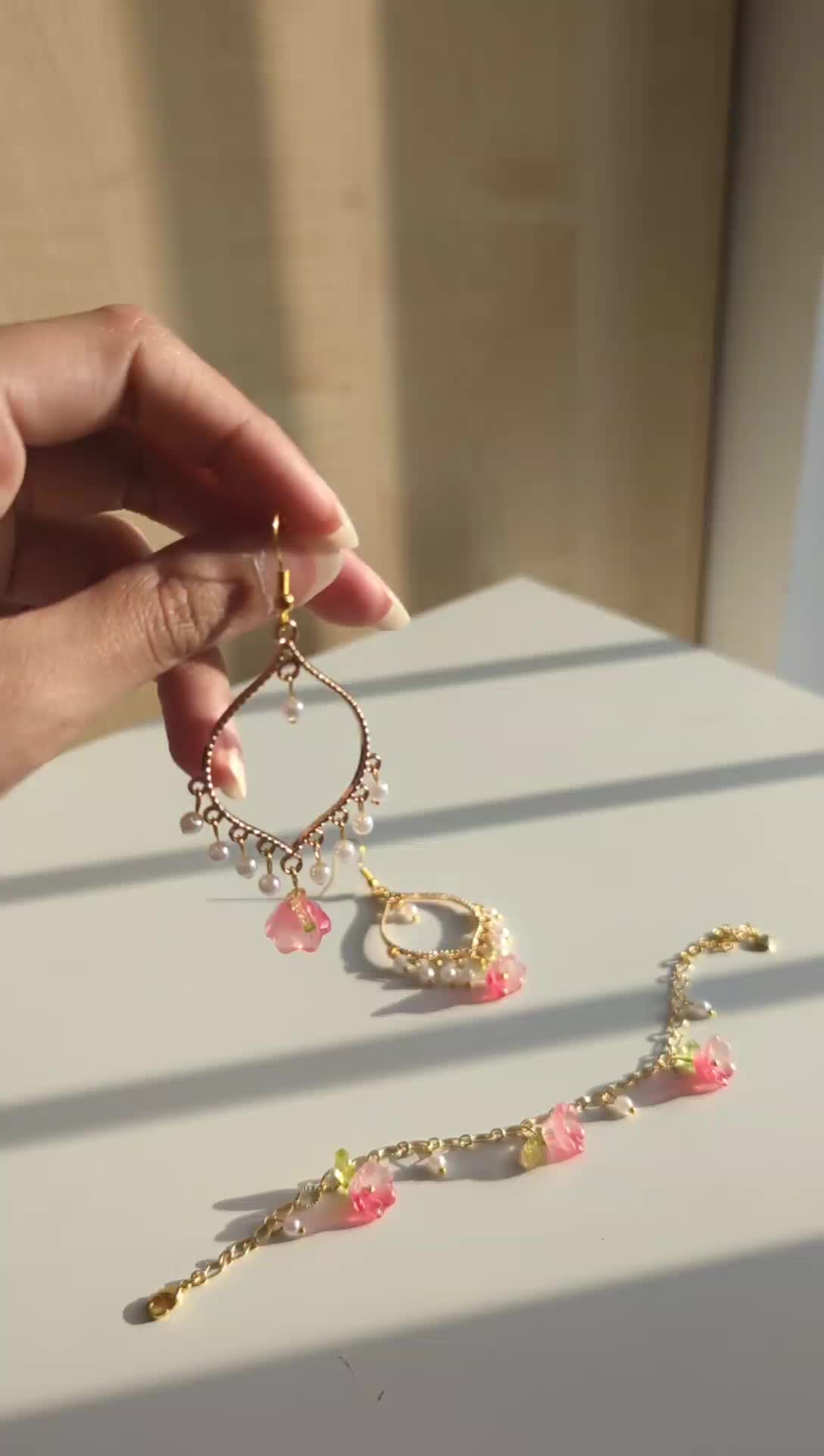 White Pearl Red Flower Gold Earrings and Bracelet Set