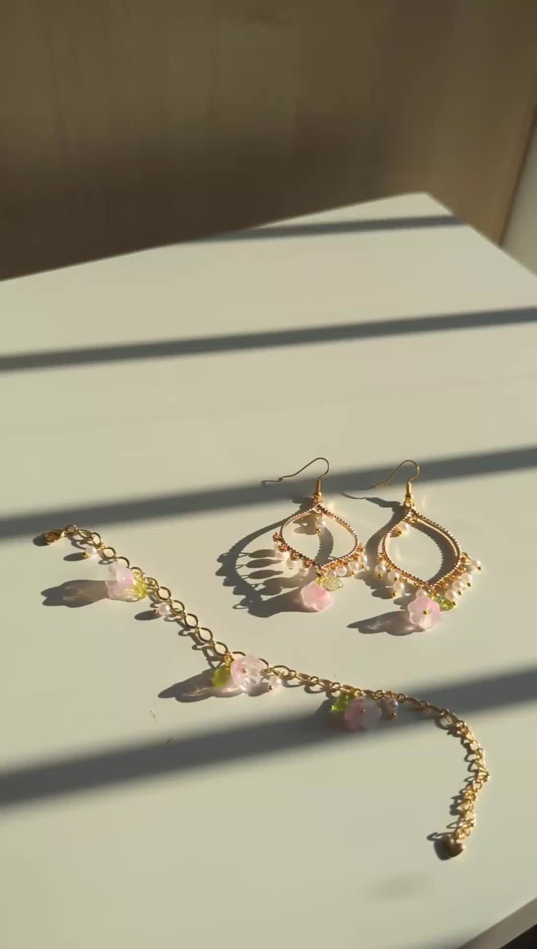 White Pearl Pink Flower Gold Earrings and Bracelet Set