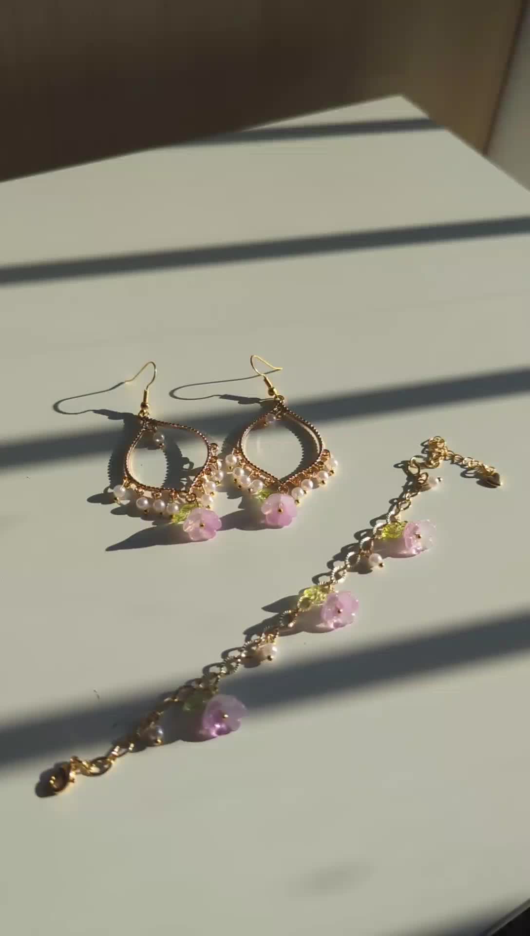 White Pearl Purple Flower Gold Earrings and Bracelet Set
