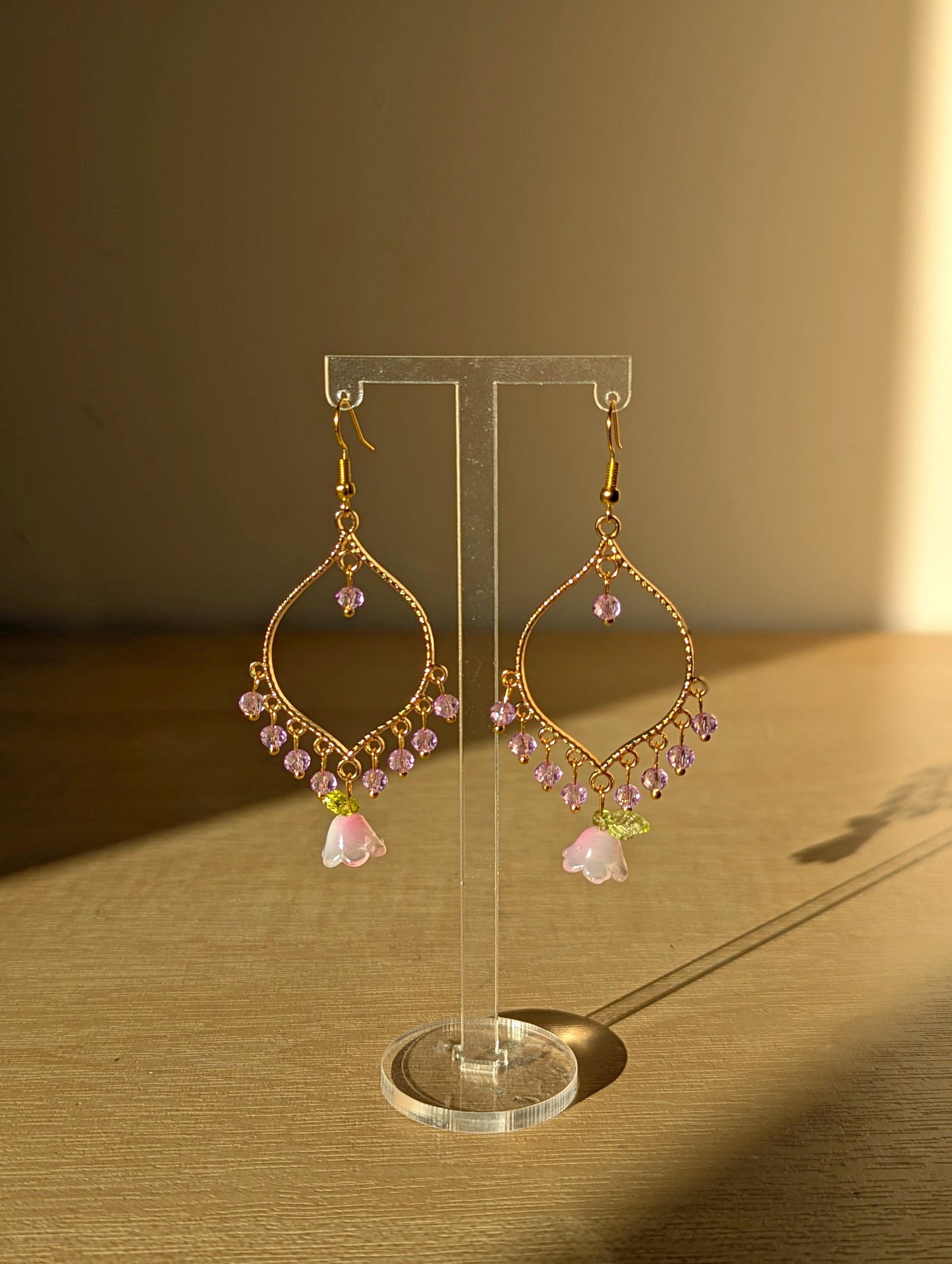 Purple Crystal Pink Flower Drop Earrings in Jhumka Style