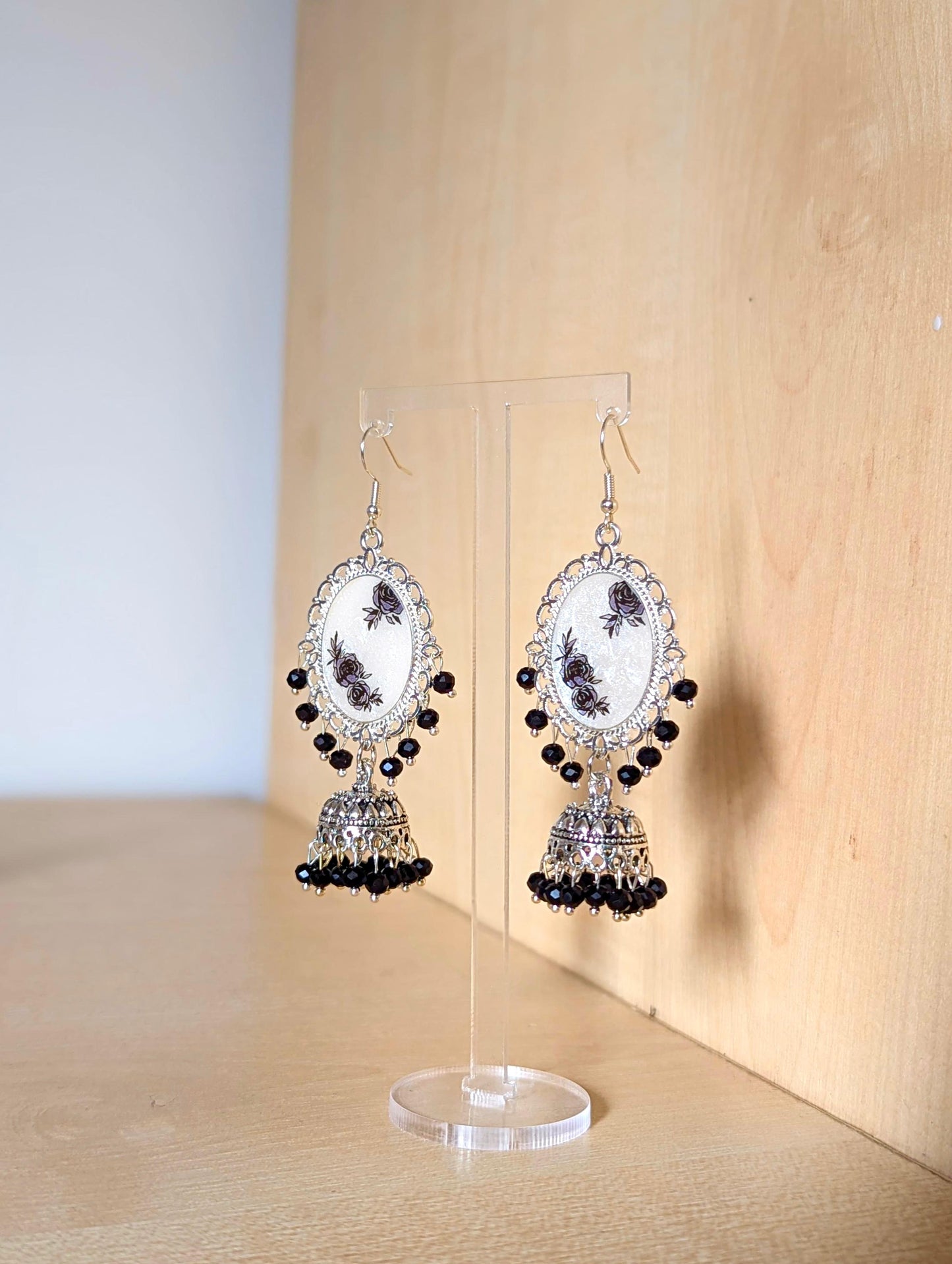 Black and White Silver Jhumka Resin Earrings