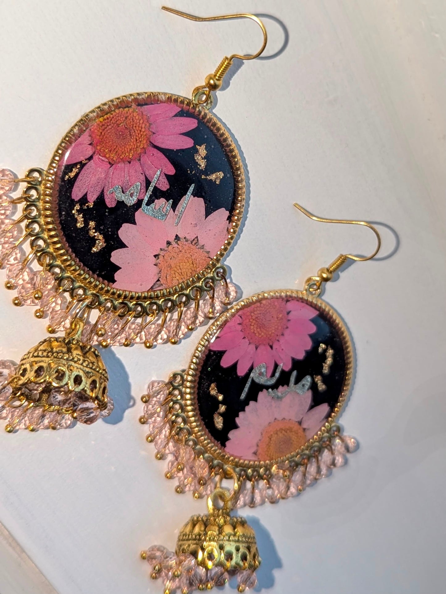 Him & Her Black and Pink Floral Name Jhumkas