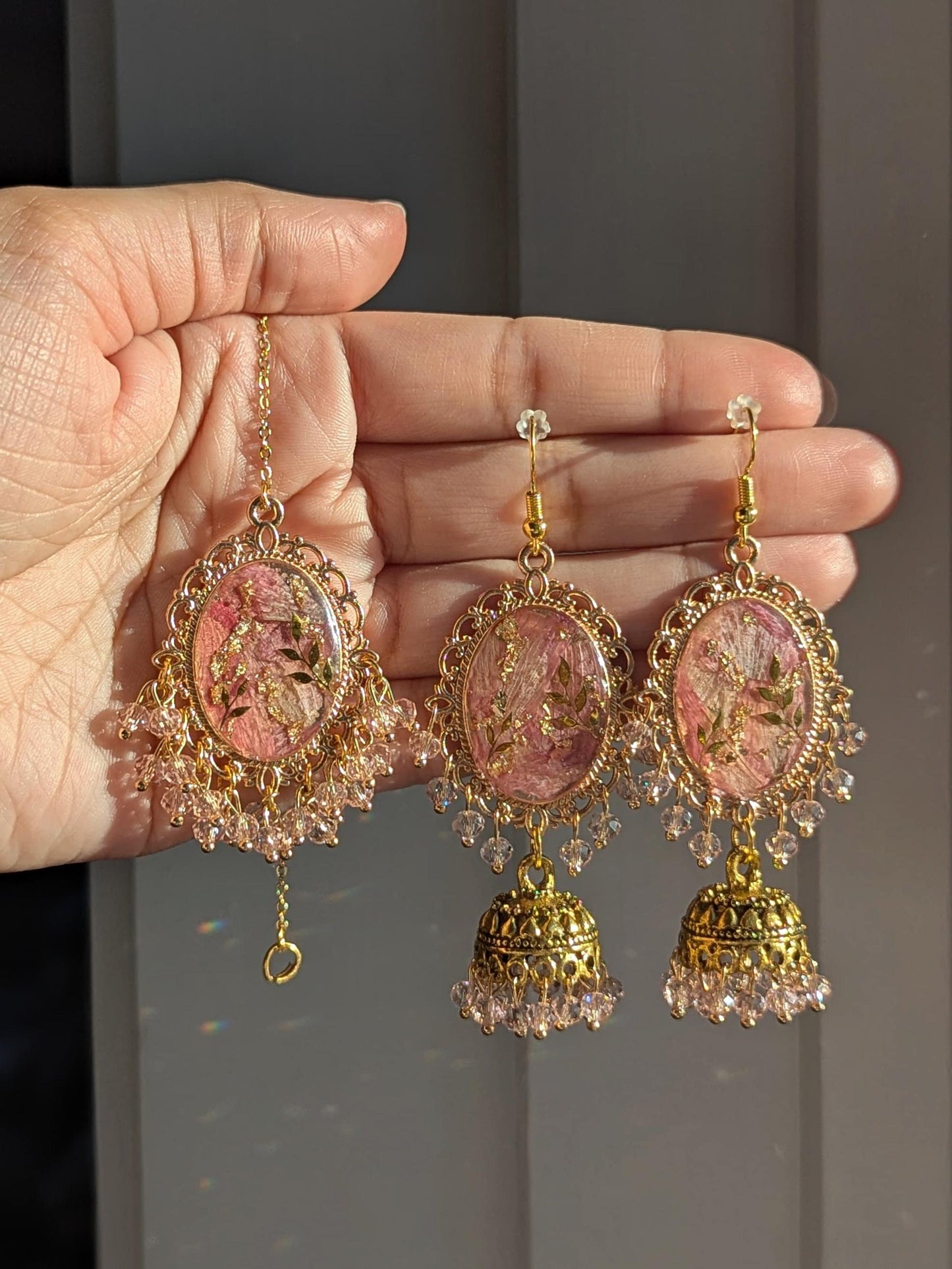 Custom flower Jhumka and Tikka set