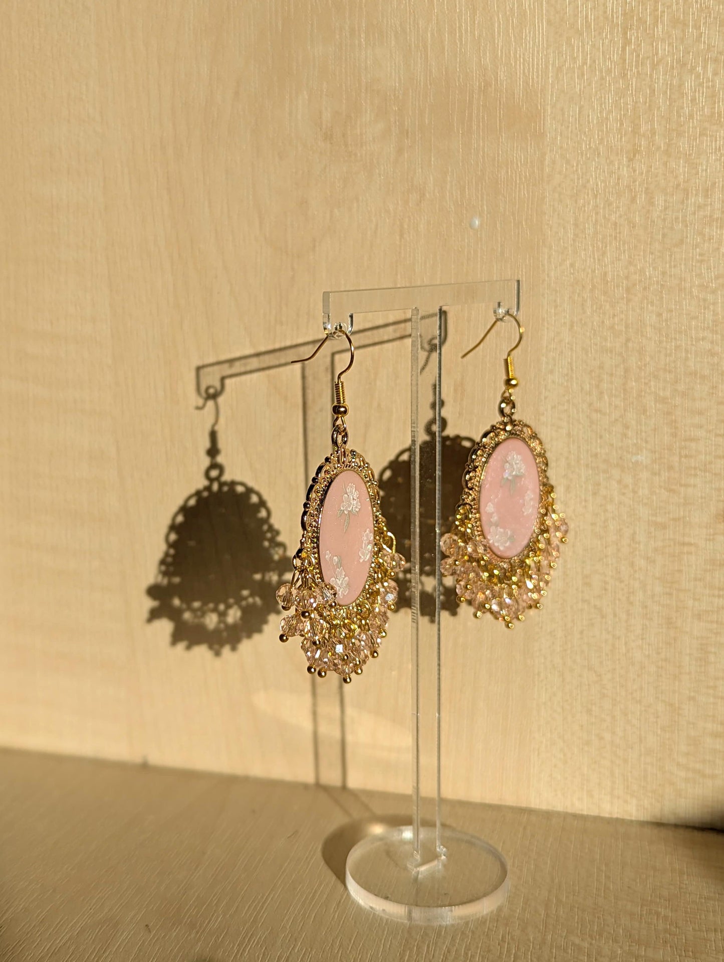 Peach Pink floral resin earrings in gold