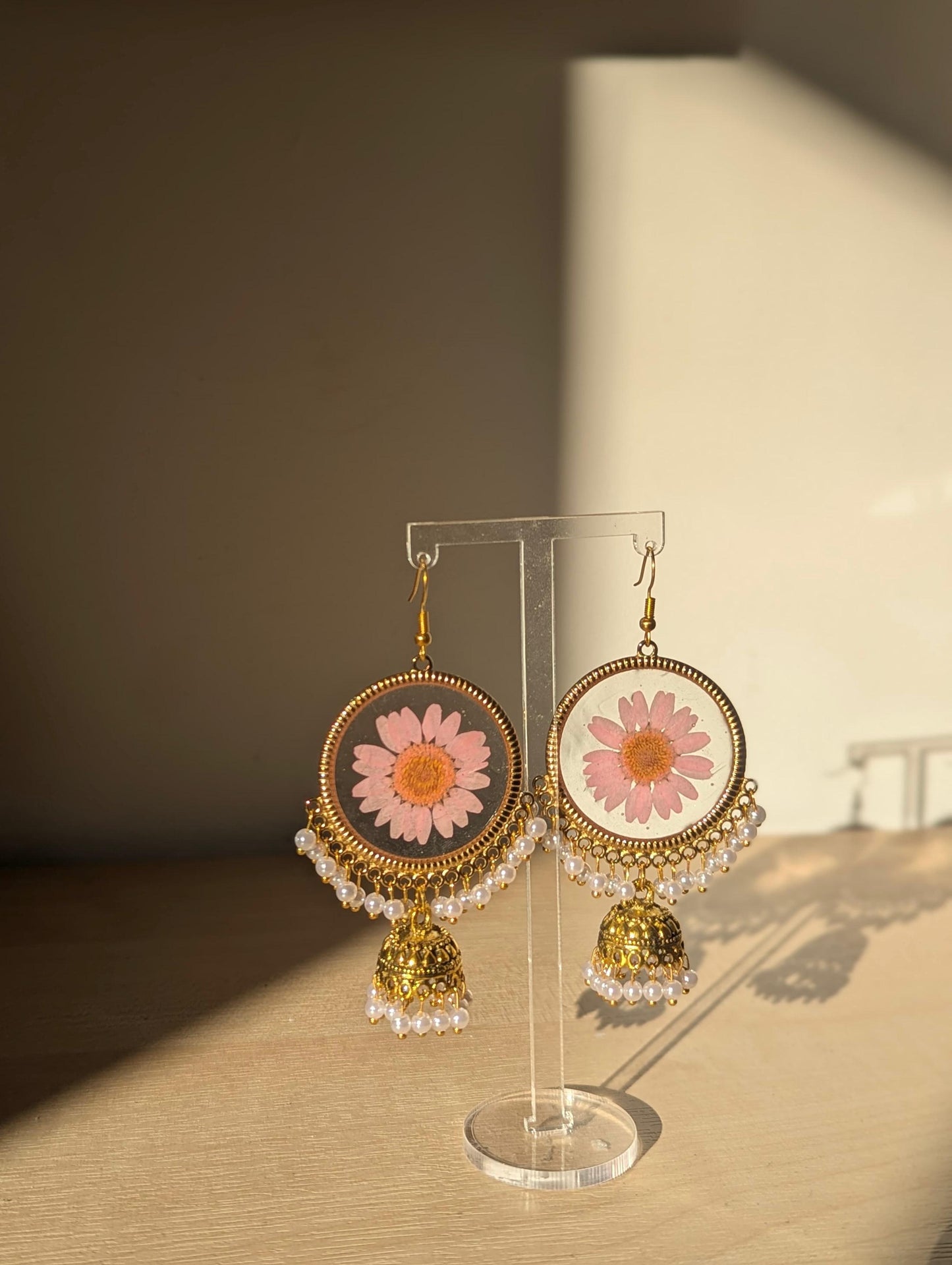 Pink Daisy Resin Jhumka Earrings