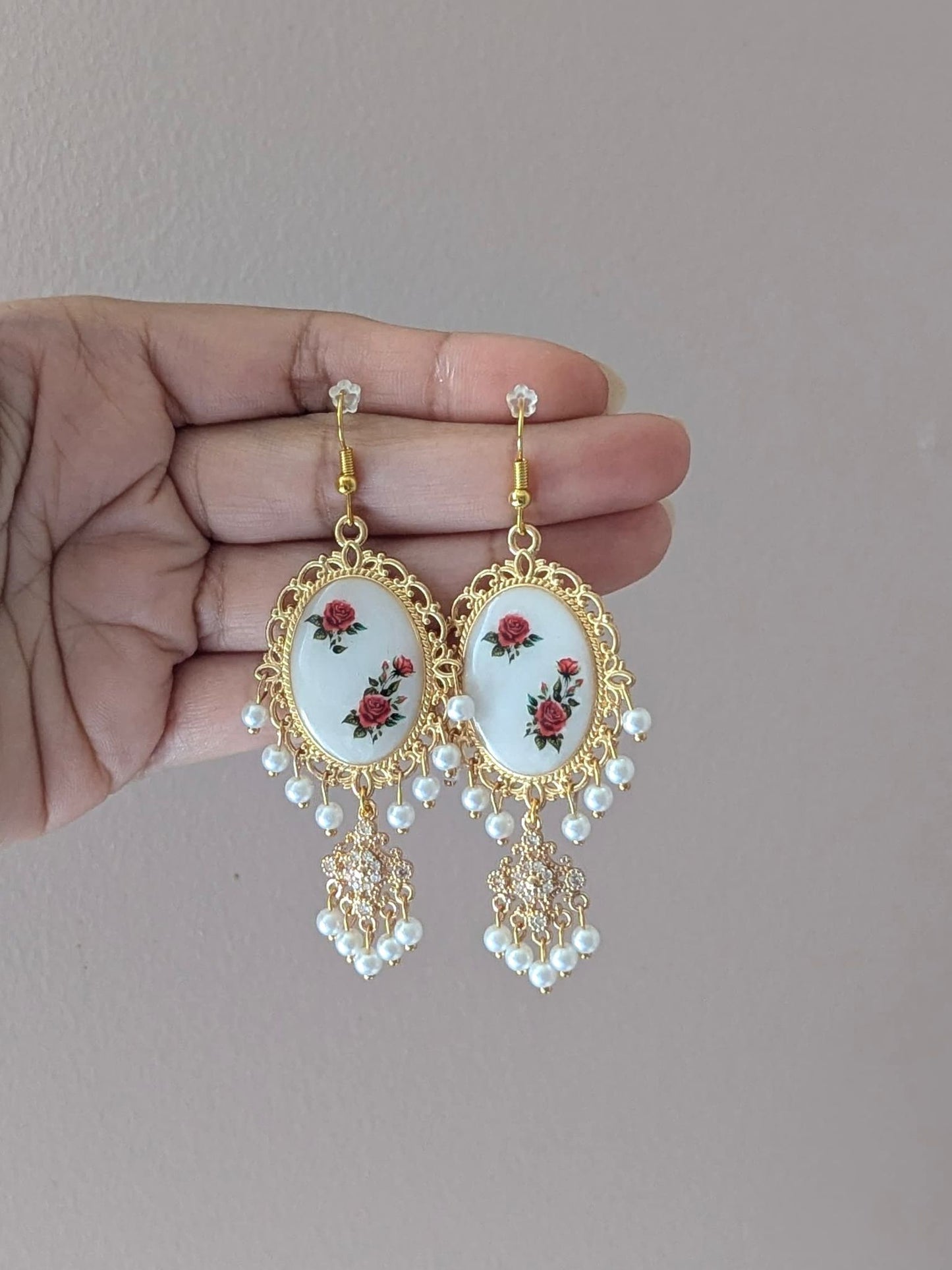 Red roses white dainty drop earrings