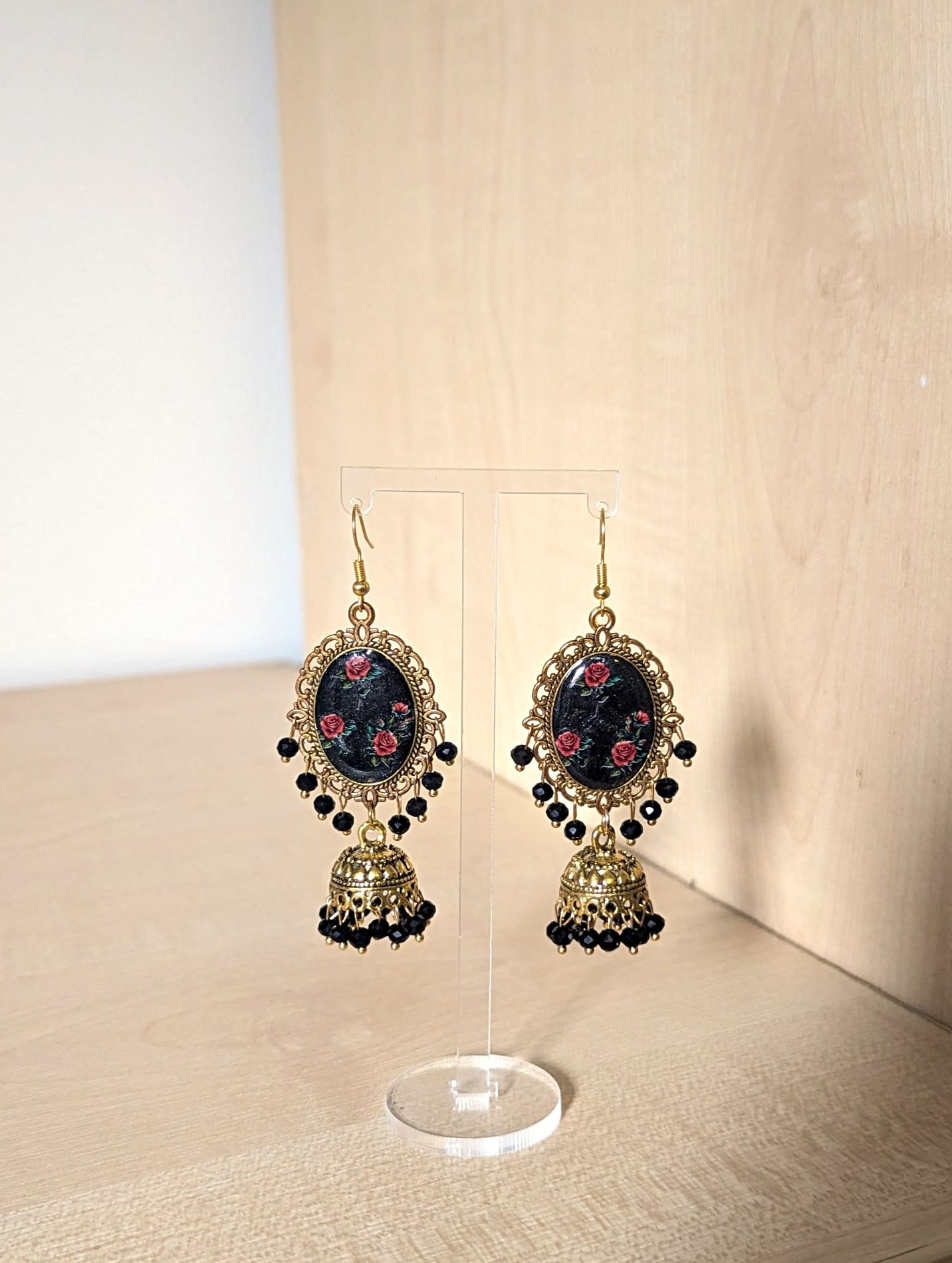 Black and Red Roses Jhumka Earrings