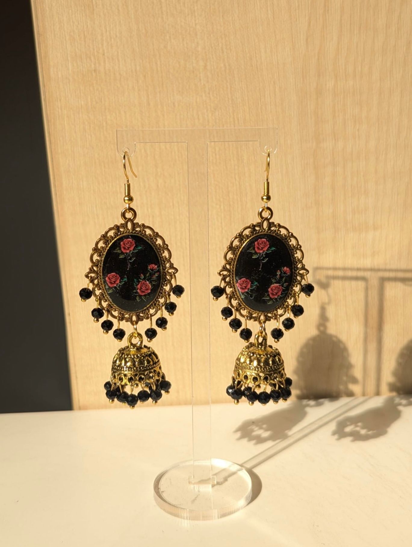 Black and Red Roses Jhumka Earrings