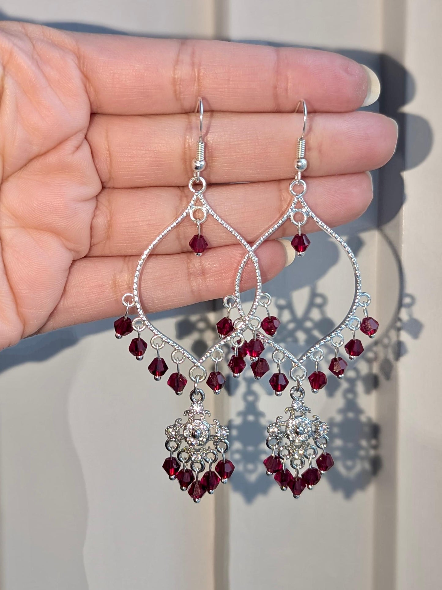 Maroon Dainty Drop Earrings in Silver