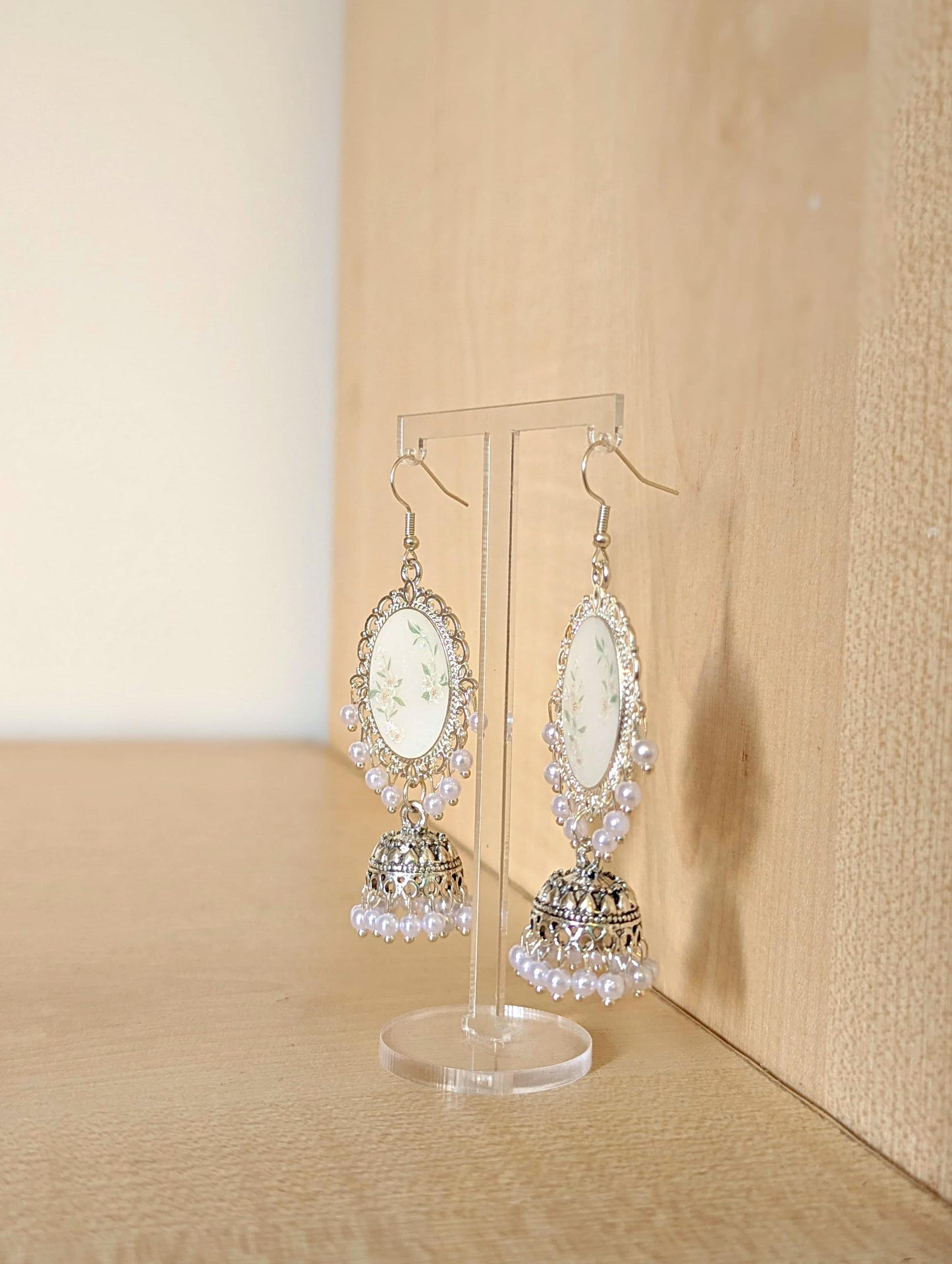 White Floral Jhumka Earrings