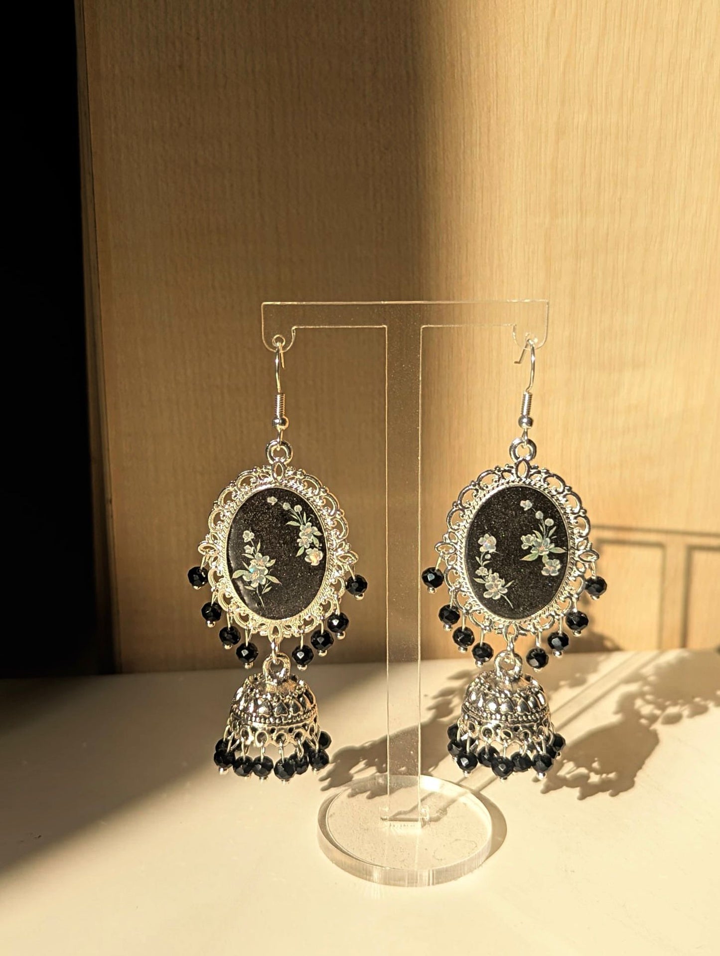 Black and White Flower Jhumka Earrings in Silver