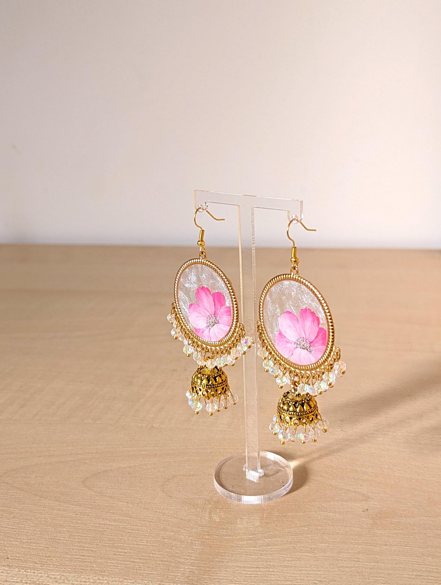 Pink Floral White Crystal Jhumka Earrings