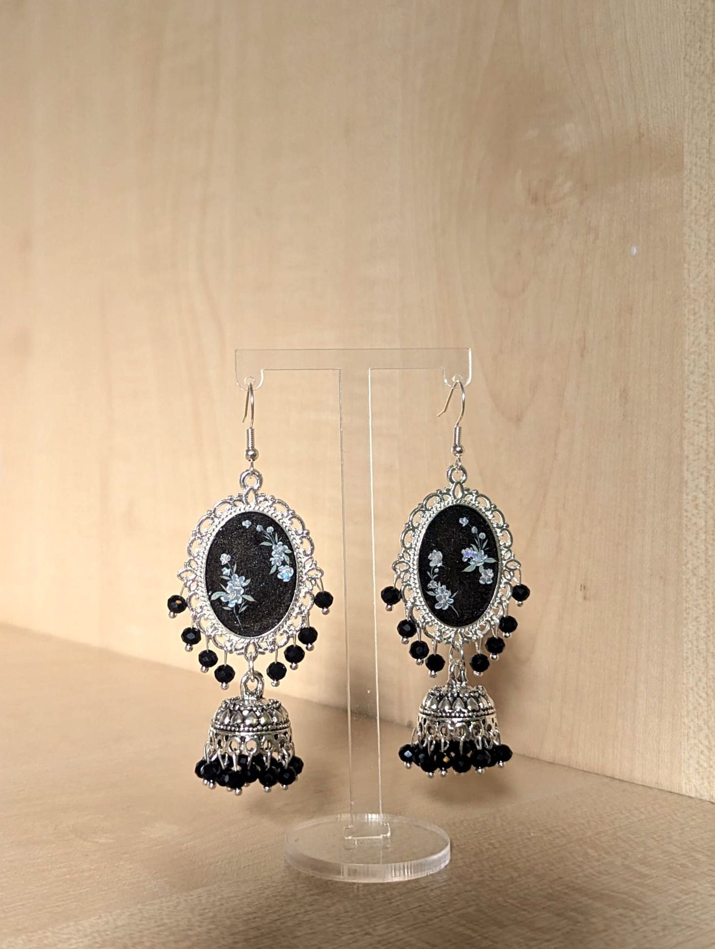 Black and White Flower Jhumka Earrings in Silver