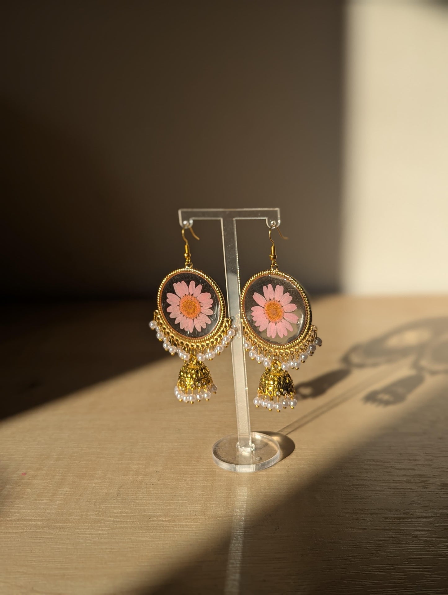 Pink Daisy Resin Jhumka Earrings