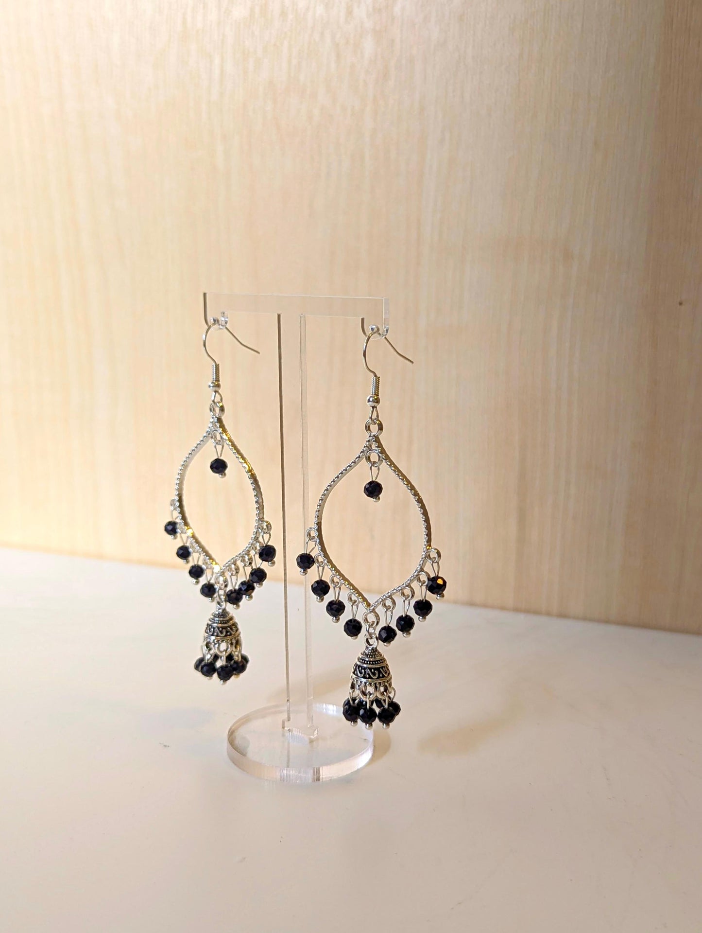 Black Jhumka Drop Earrings in Silver