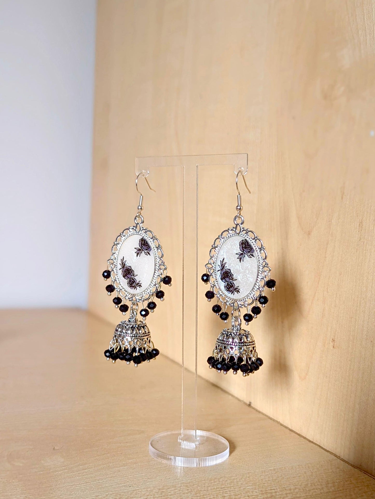 Black and White Silver Jhumka Resin Earrings
