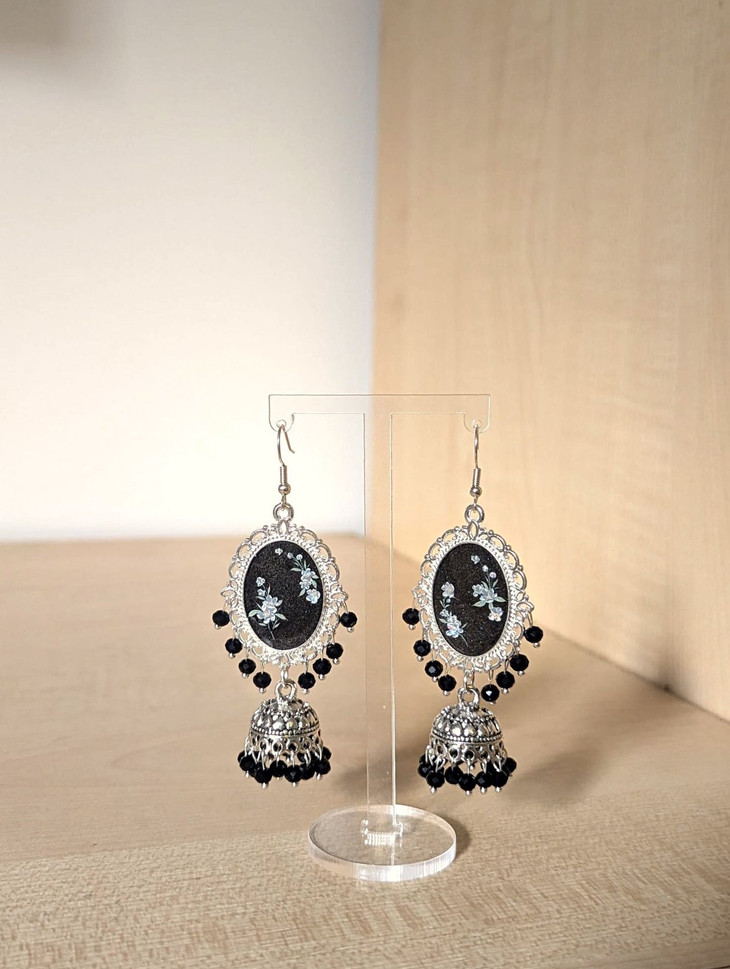 Black and White Flower Jhumka Earrings in Silver