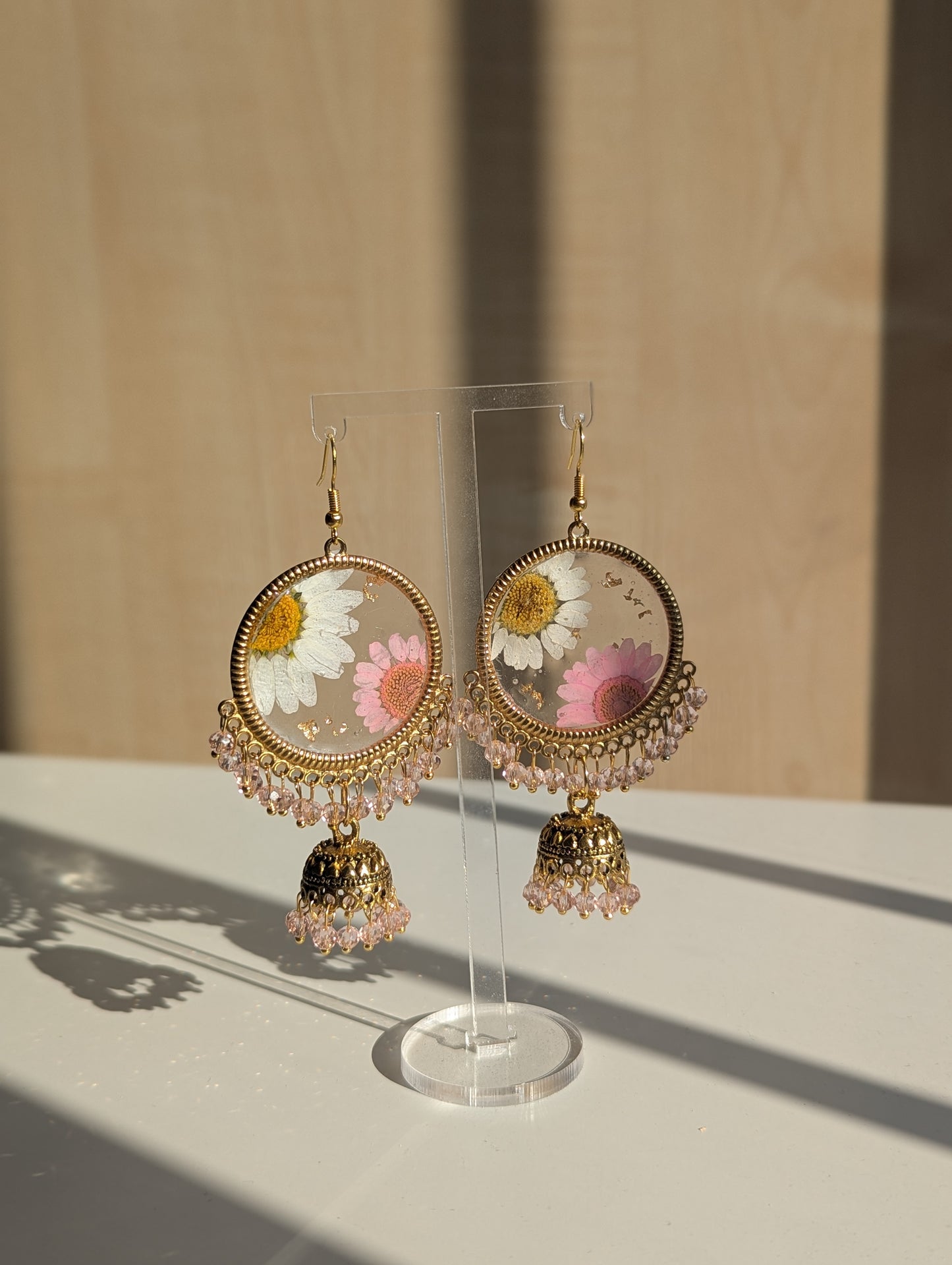 Pink and White Daisy Jhumka Earrings with Gold Flakes
