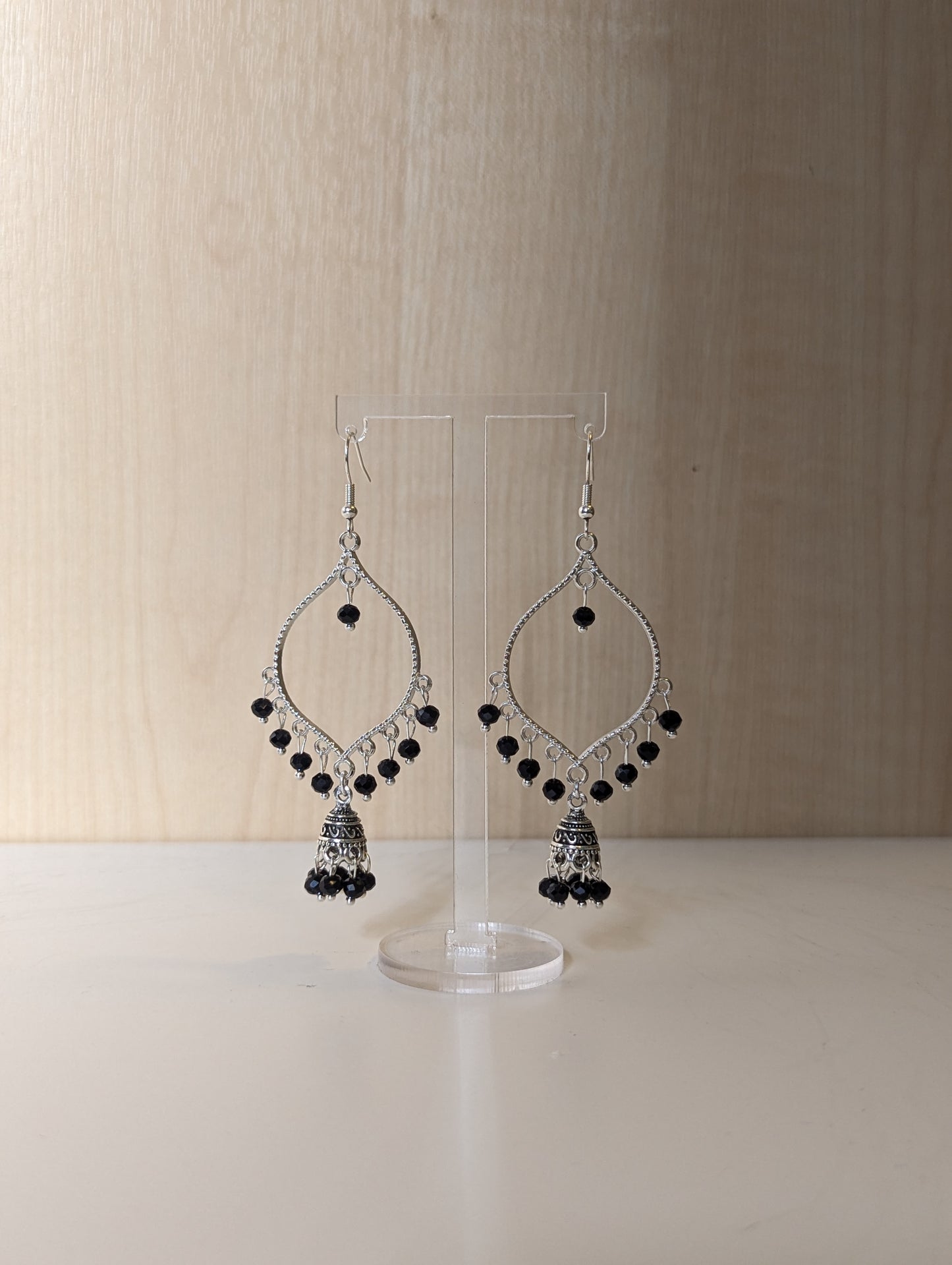 Black Jhumka Drop Earrings in Silver