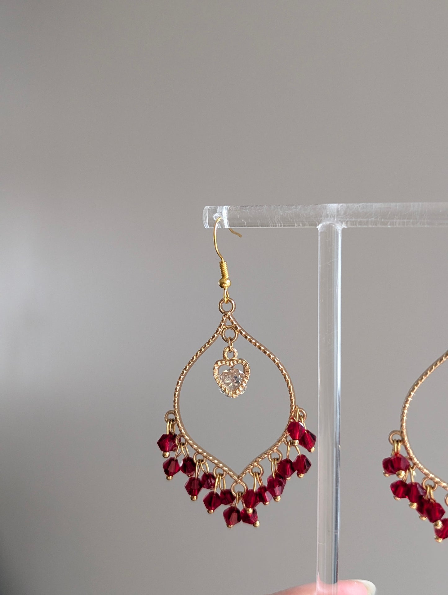 Maroon Heart Earrings in Gold
