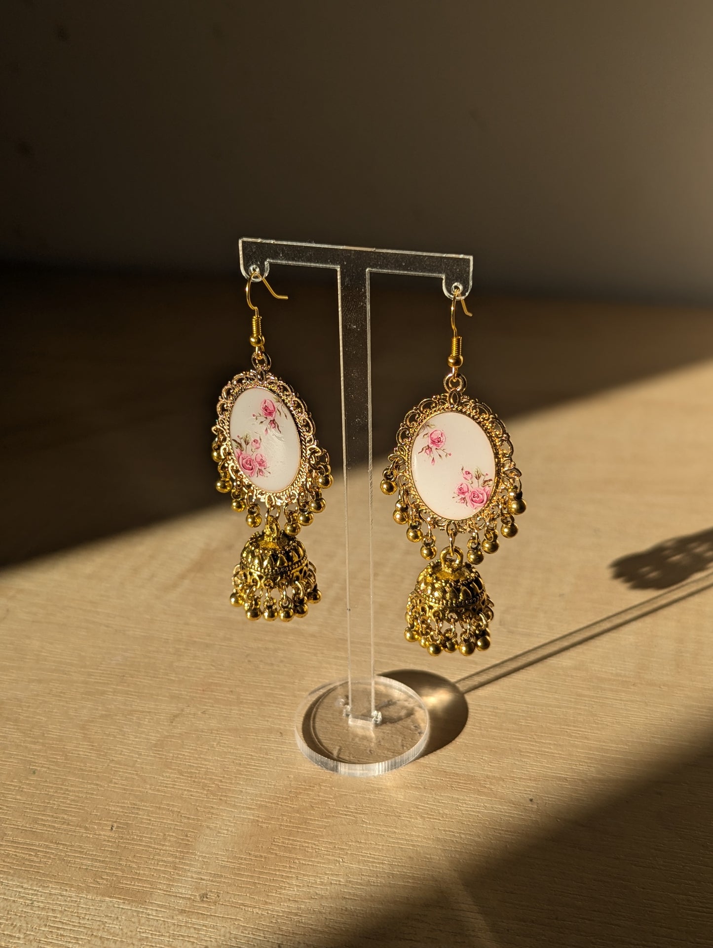 Gold Pink and White Floral Jhumka Earrings