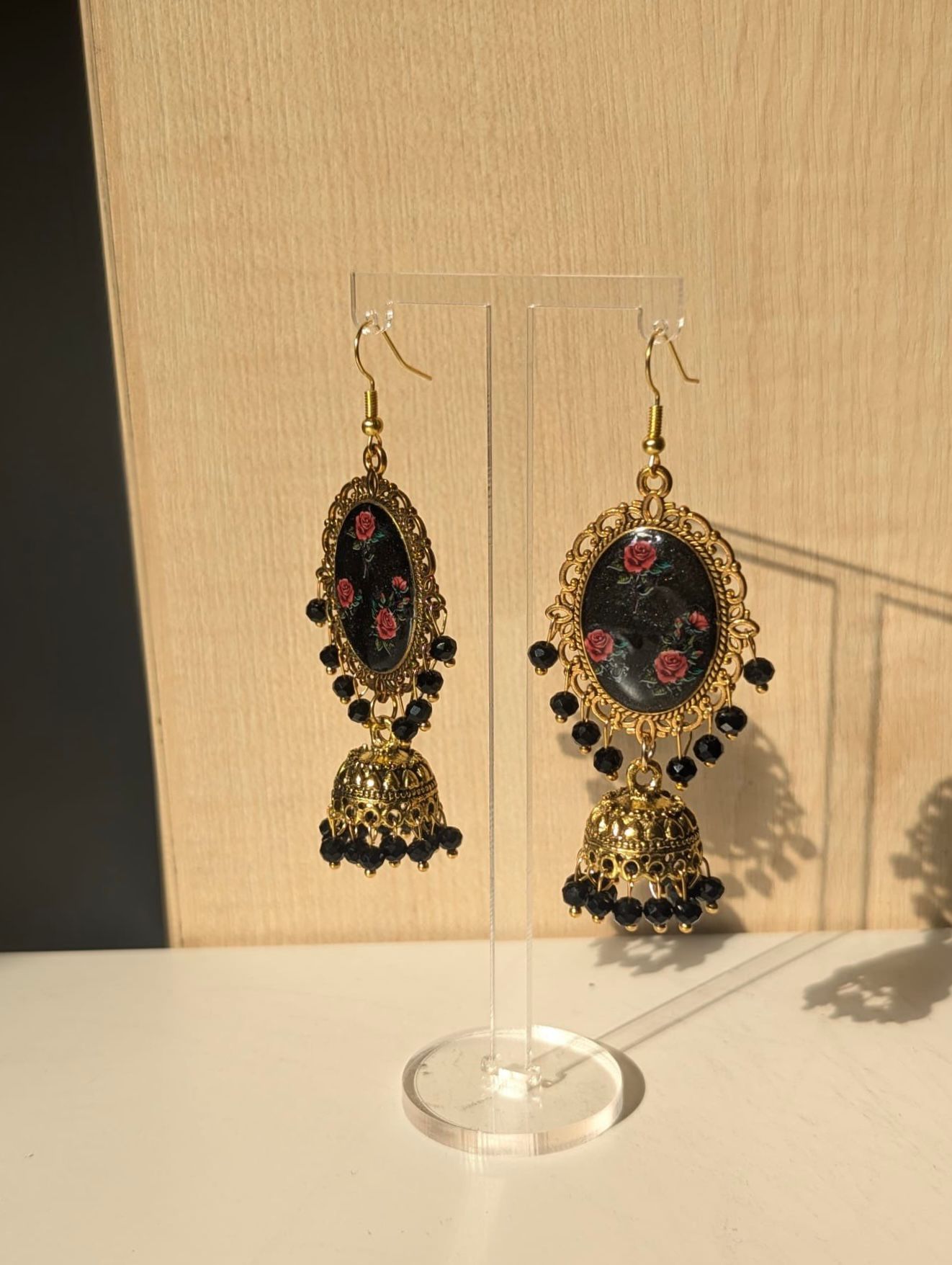 Black and Red Roses Jhumka Earrings