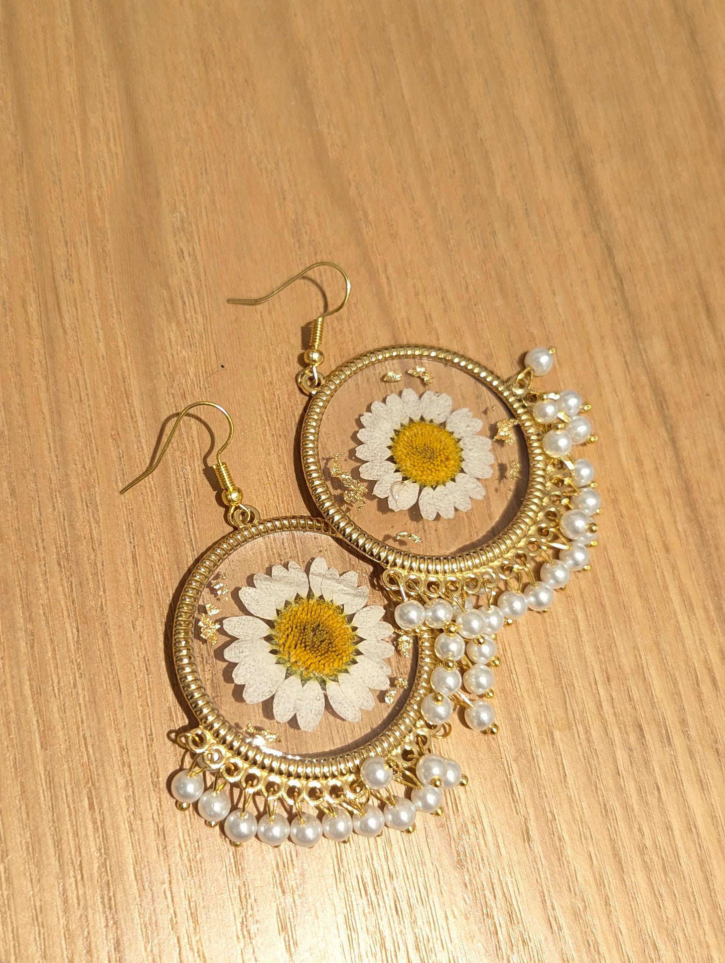 All white floral preserved gold earrings