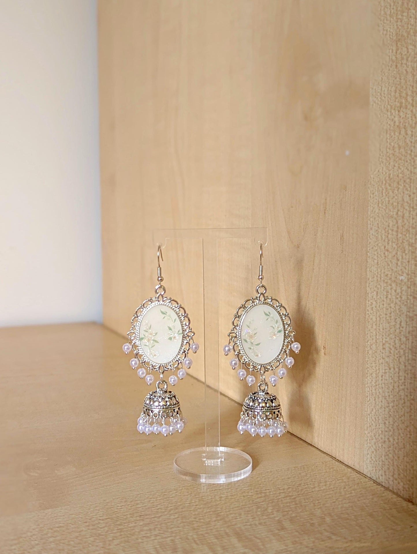 White Floral Jhumka Earrings