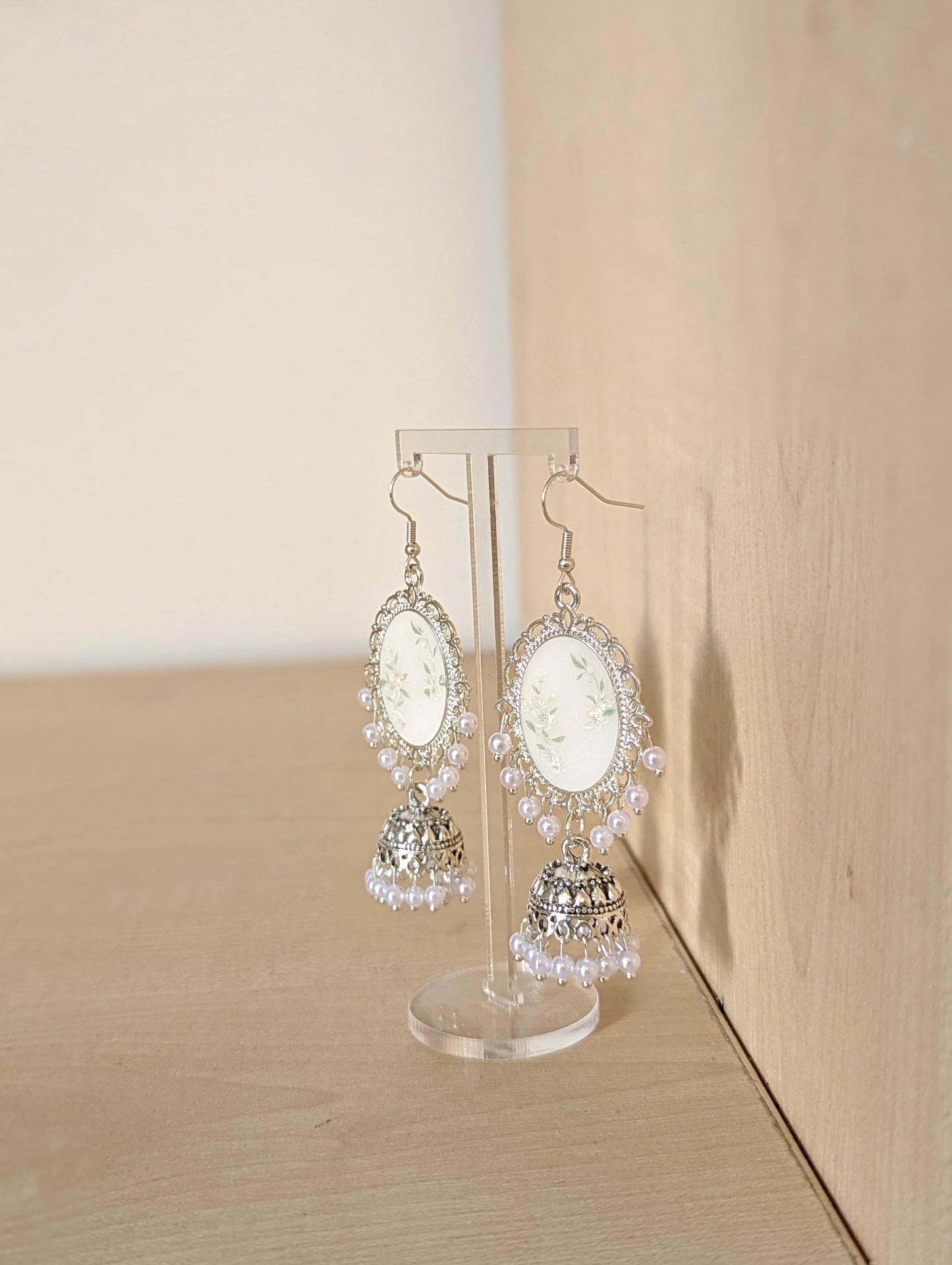 White Floral Jhumka Earrings
