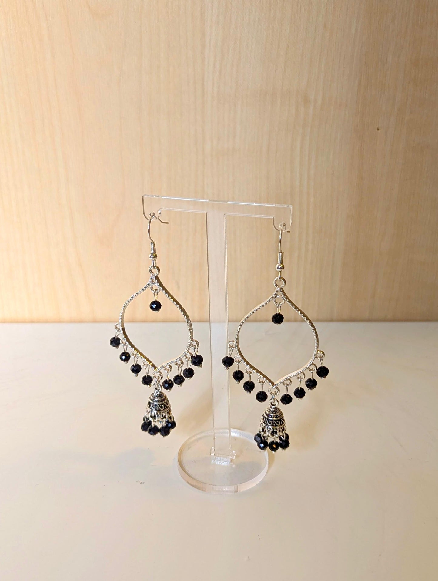 Black Jhumka Drop Earrings in Silver