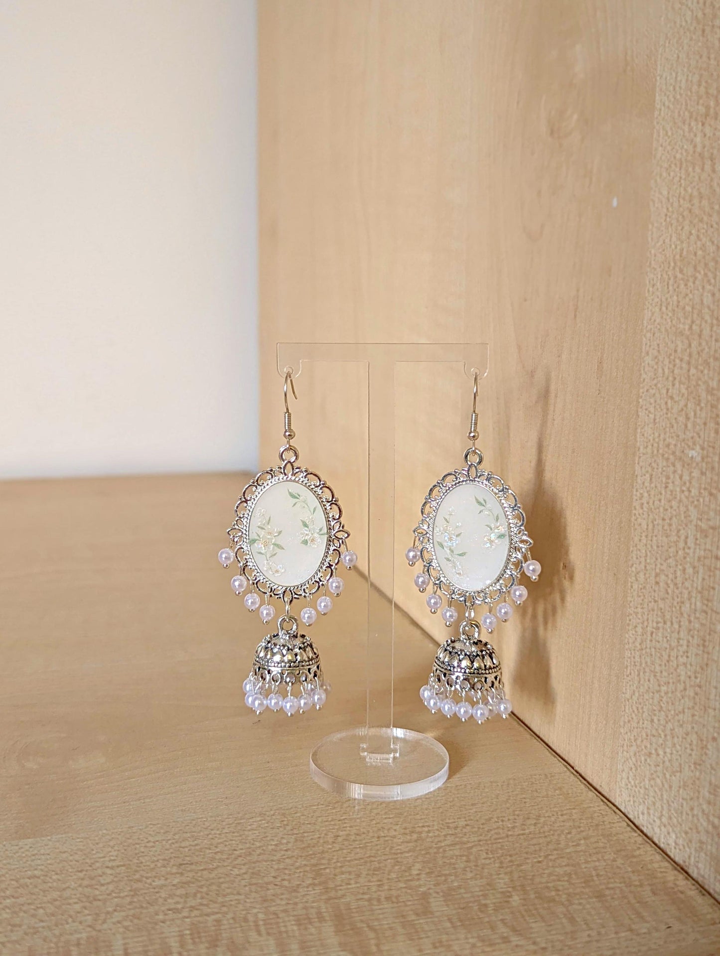 White Floral Jhumka Earrings