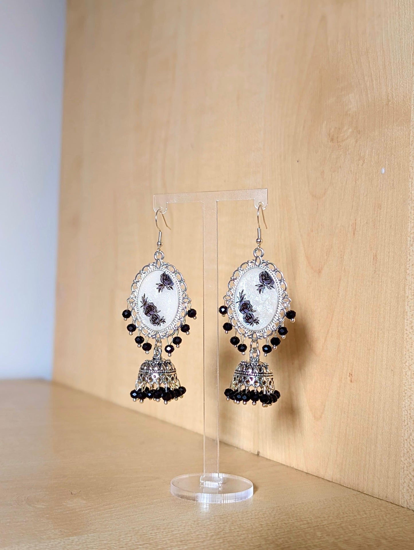 Black and White Silver Jhumka Resin Earrings